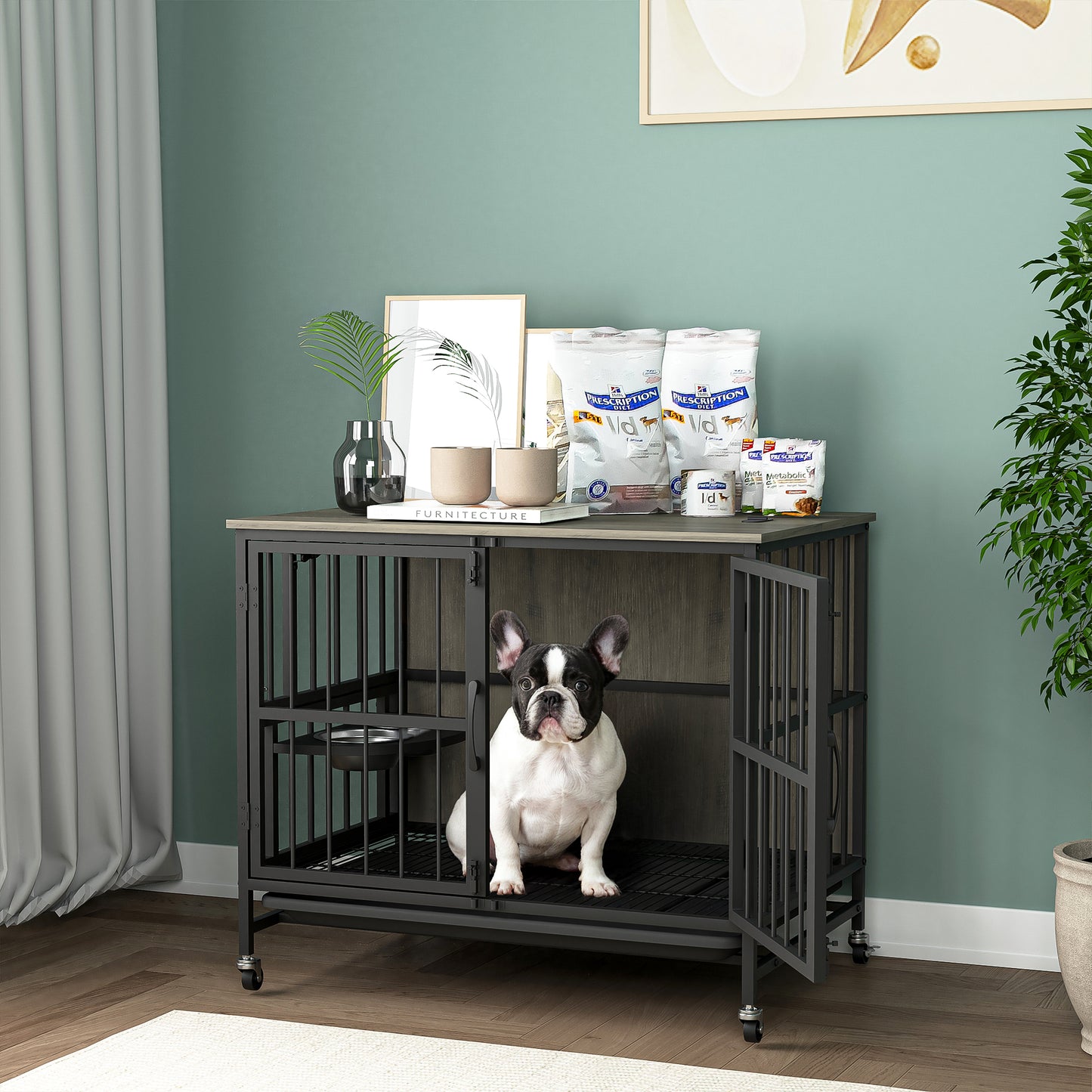 Smart FENDEE Modern Pet Kennel Dog Crate with Adjustable Feeding Bowls
