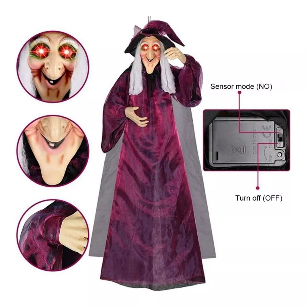 Algherohein Halloween Outdoor Decoration,Hanging Witch with Talking Glow Red Eyes