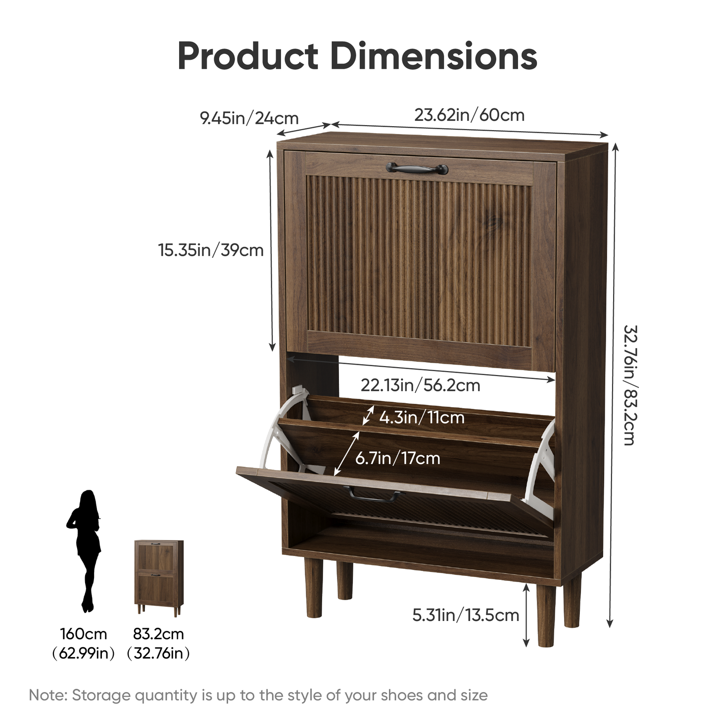 Semiocthome Shoe Cabinet with 2 Flip Drawers, Small Fluted Doors, Entryway, 23.6", Walnut