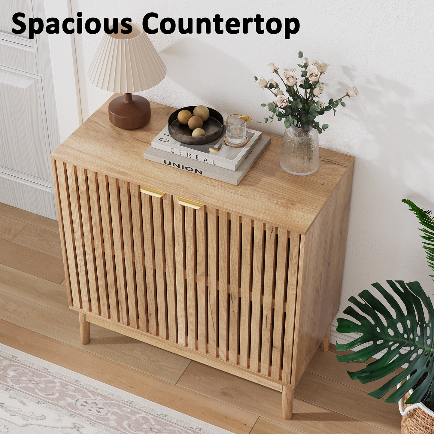 Semiocthome 31.5” Buffet Cabinet with 2 Slatted Doors and Adjustable Shelf for Kitchen, Natural