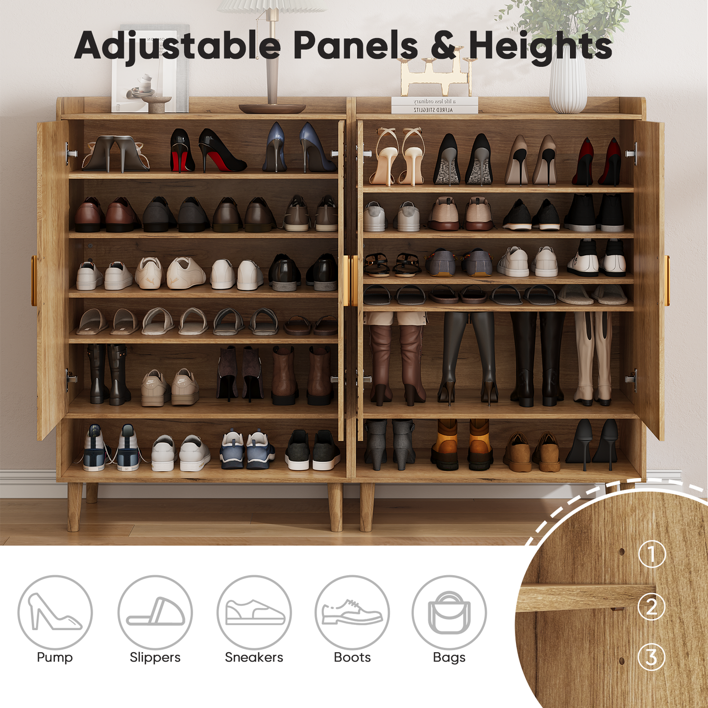 Semiocthome 6-Tier Shoe Cabinet with Line Groove Design and Adjustable Shelves for Entryway, Natural