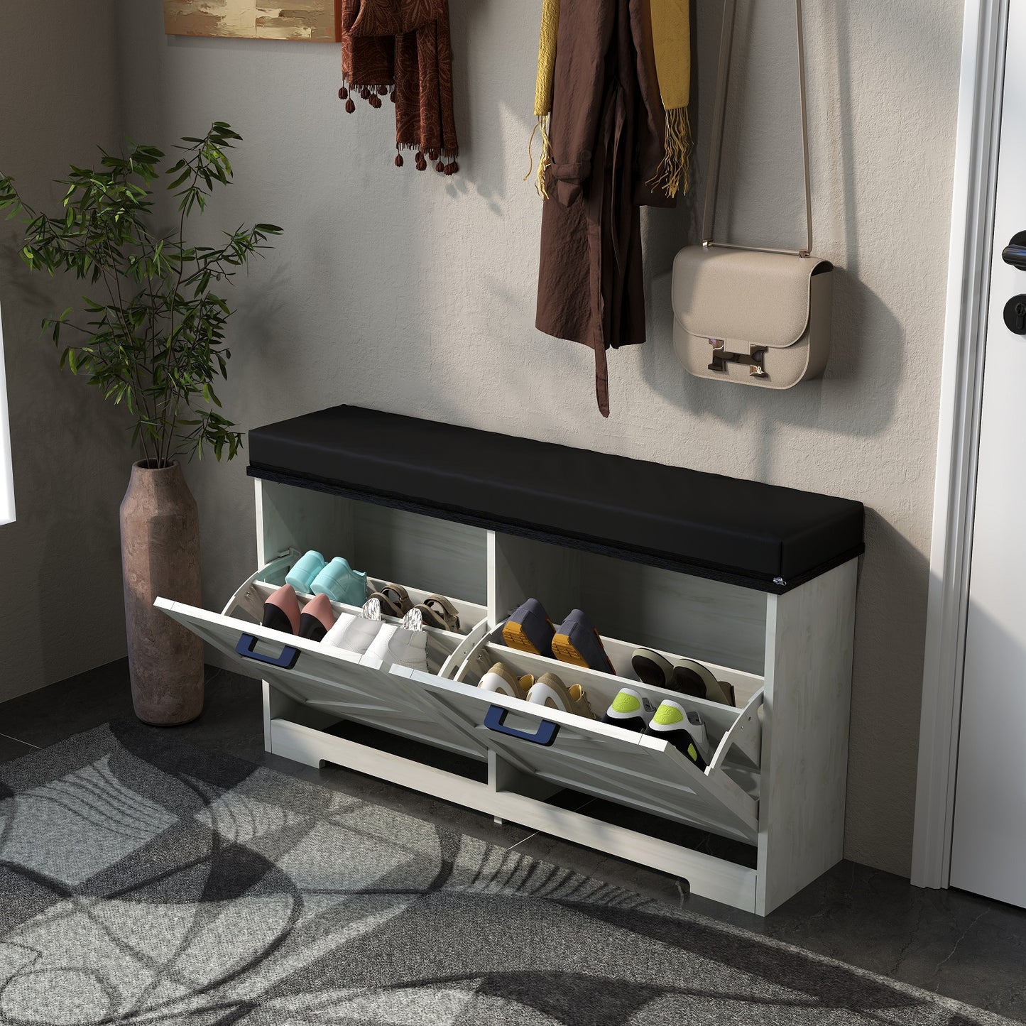 Smuxee Farmhouse Shoe Cabinet with 2 Adjustable Flip Drawer,Entryway Bench with Storage Set,White