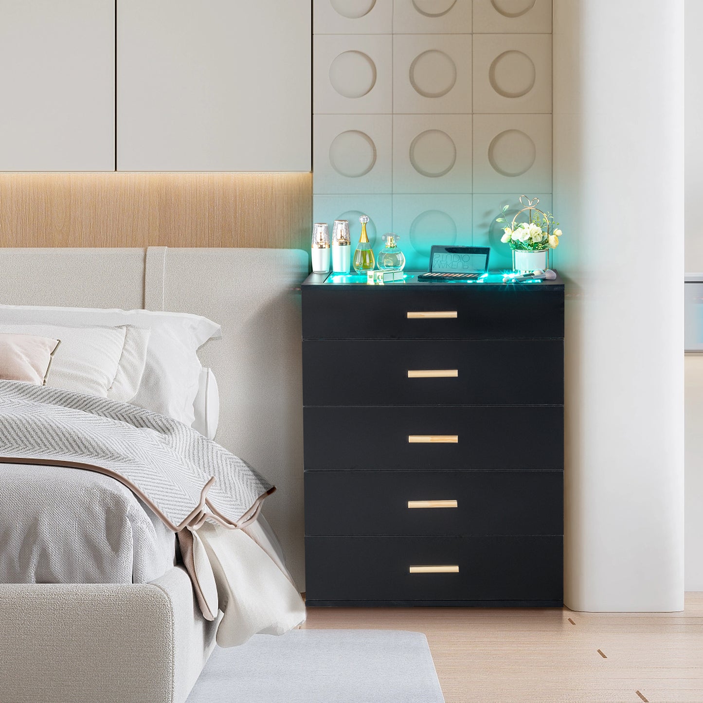 Semiocthome 5 Drawer Dresser with Glass Top and RGB Light Storage Cabinet for Jewelry Display