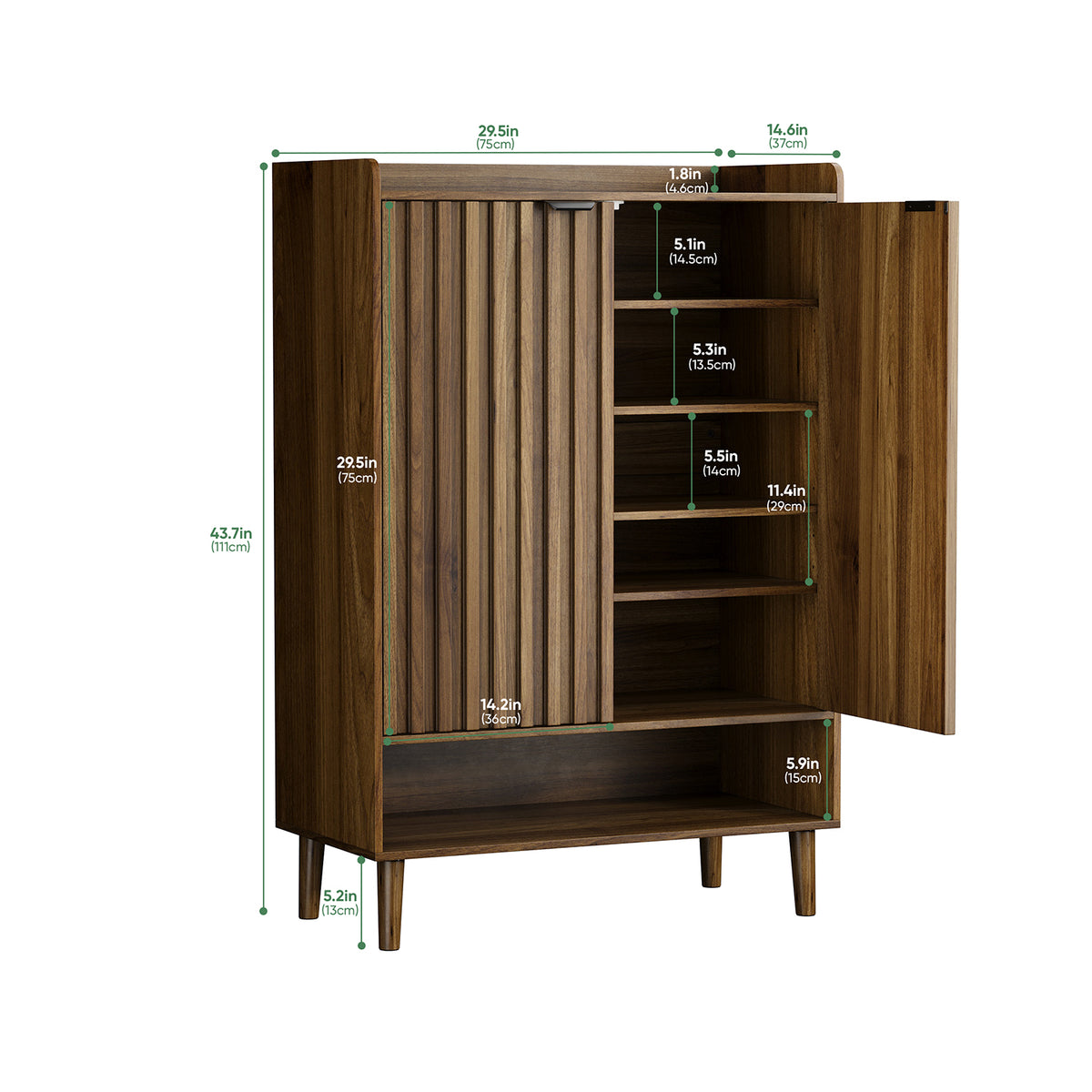 Smart FENDEE 6-Tier Shoe Storage Cabinet with 2 Fluted Doors, Entryway Shoe Storage, Walnut