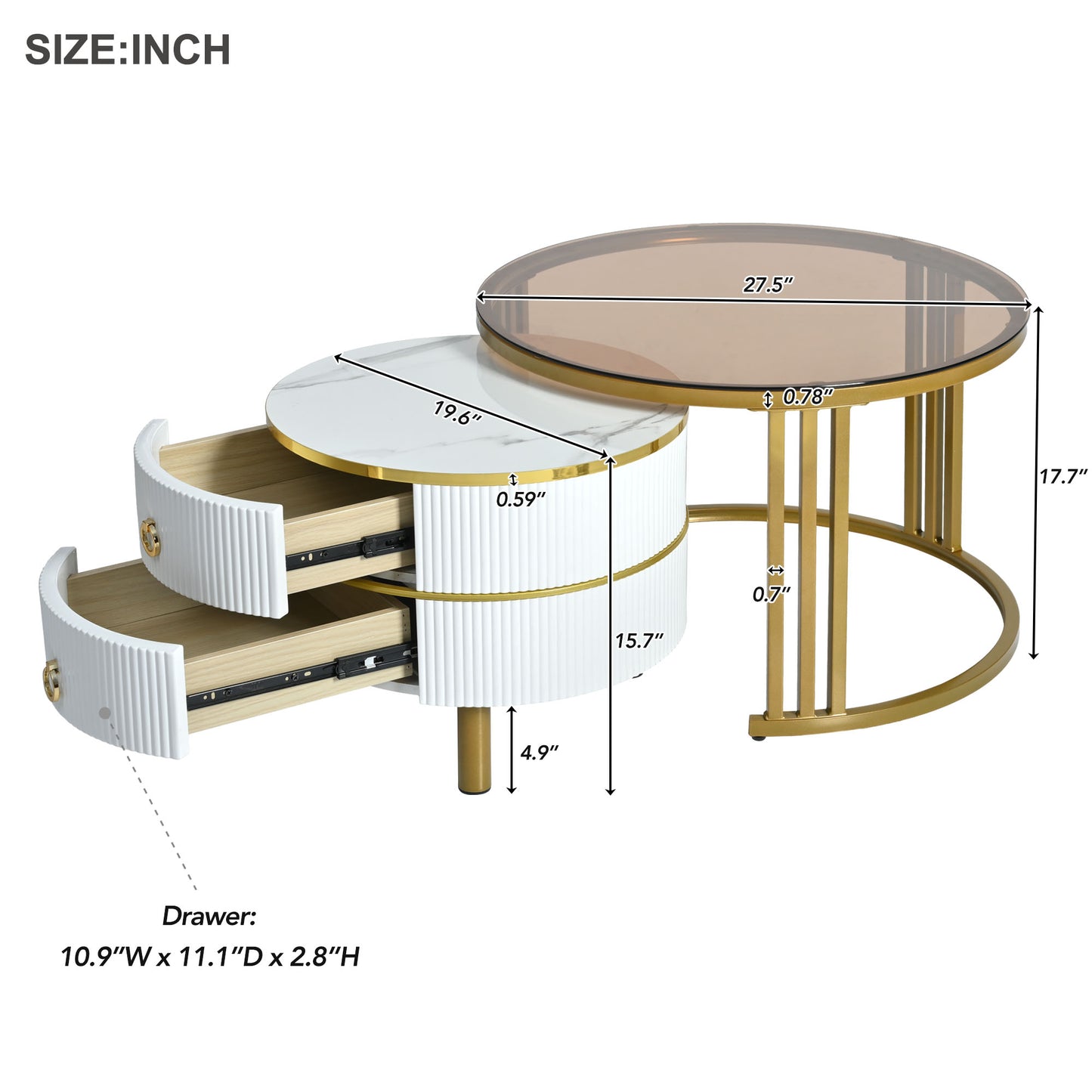 Semiocthome Modern Nesting Coffee Table with 2 Drawer and Tempered Glass Tabletop,Living Room