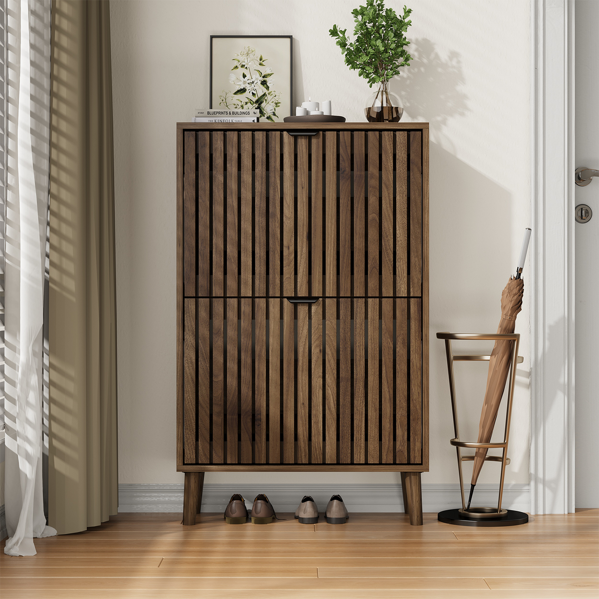 Semiocthome 23.6" Shoe Cabinet, Shoe Storage Cabinet with 2 Flip Drawers, Ventilated Grille Design,Tall Legs,Entryway, Walnut