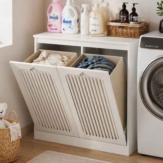 Semiocthome Bathroom Cabinet Laundry Basket Cabinet with Slatted Door and Adjustable Shelf, Laundry Room, Bedroom, White