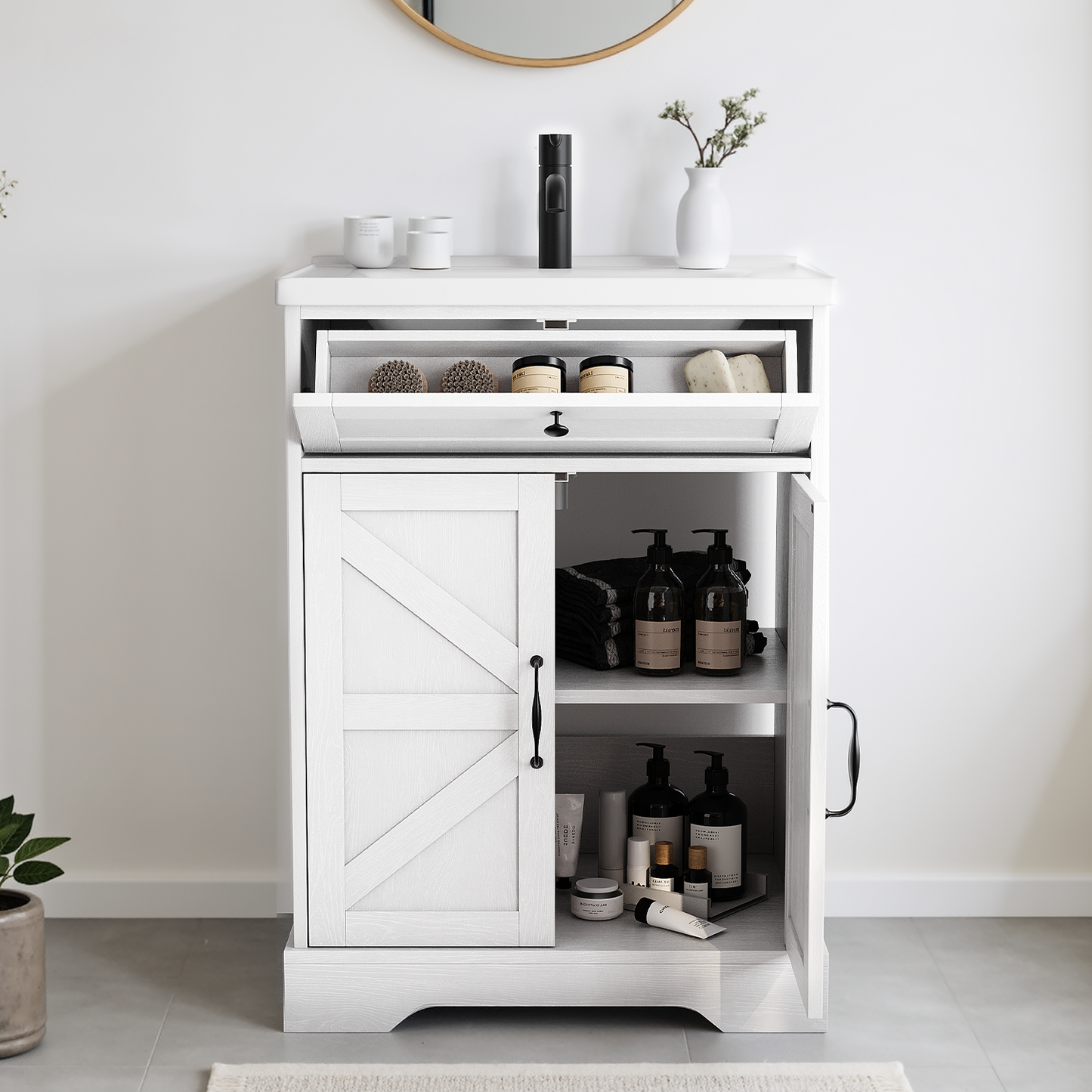 24" Bathroom Vanity with Ceramic Sink, Freestanding Bathroom Storage Cabinet with Barn Door and Flip-Down Drawer, White