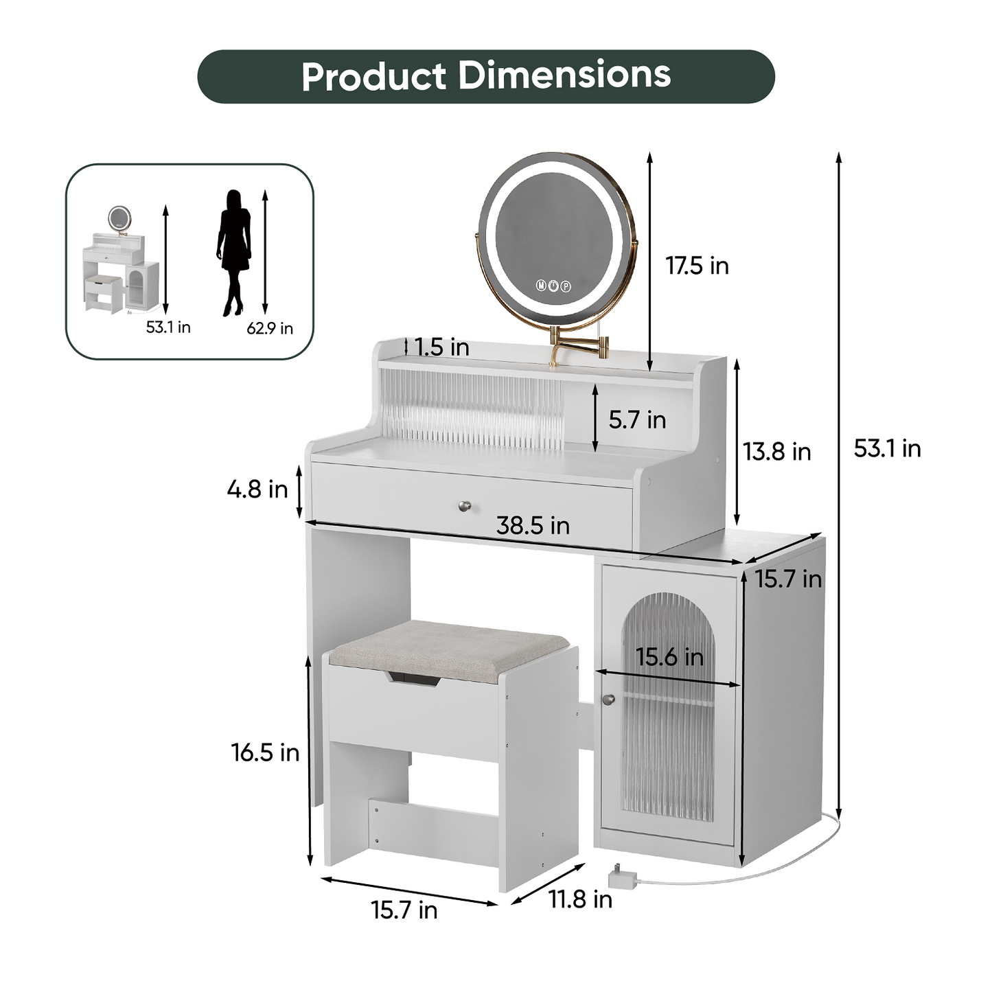 Smuxee White Vanity Set with Mirror and Lights,Makeup Vanity with Drawer and Glass Cabinet