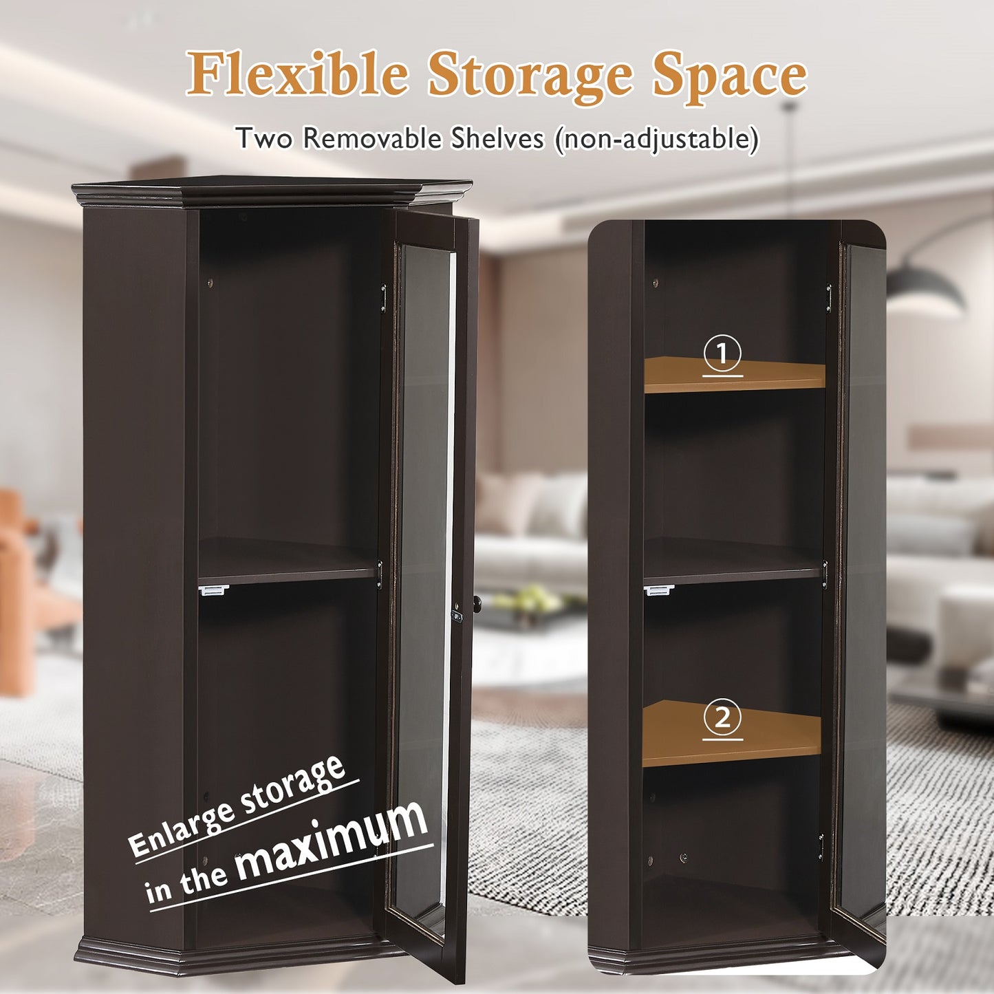 Smuxee Bathroom Corner Cabinet with 3 Shelf,Toilet Small Storage Cabinet with Glass Doors