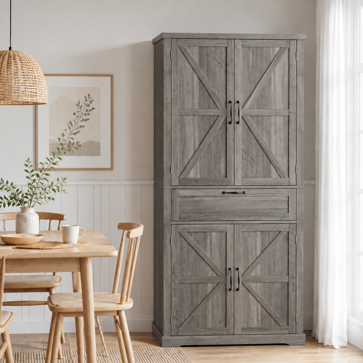 Semiocthome 67.5" Tall Kitchen Pantry Cabinet, Farmhouse Storage Cabinet with Barn Doors and Drawer, Buffet Hutch Cupboard with Adjustable Shelves for Dining Room, Gray