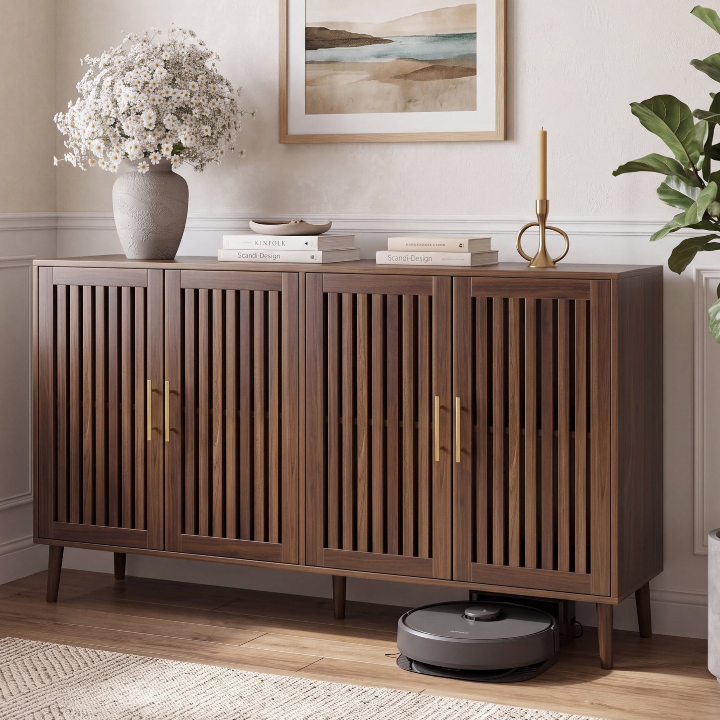 Semiocthome Sideboards and Buffets with 4 Doors and Adjustable Shelve,Coffee Bar for Kitchen, Walnut