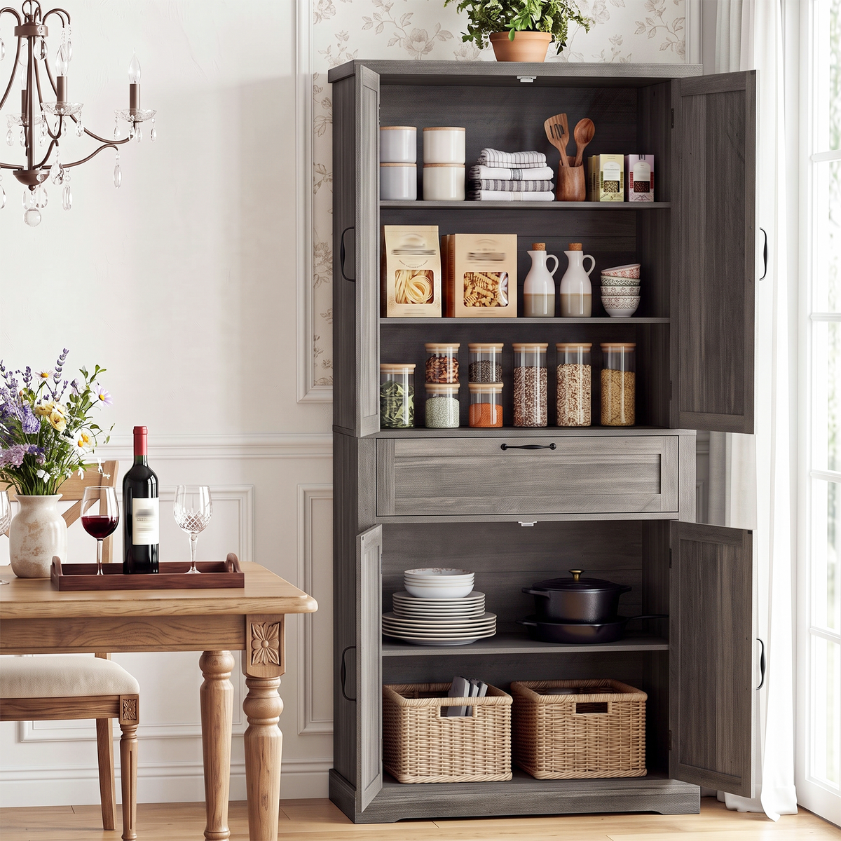Semiocthome 67.5" Tall Kitchen Pantry Cabinet, Farmhouse Storage Cabinet with Barn Doors and Drawer, Buffet Hutch Cupboard with Adjustable Shelves for Dining Room, Gray