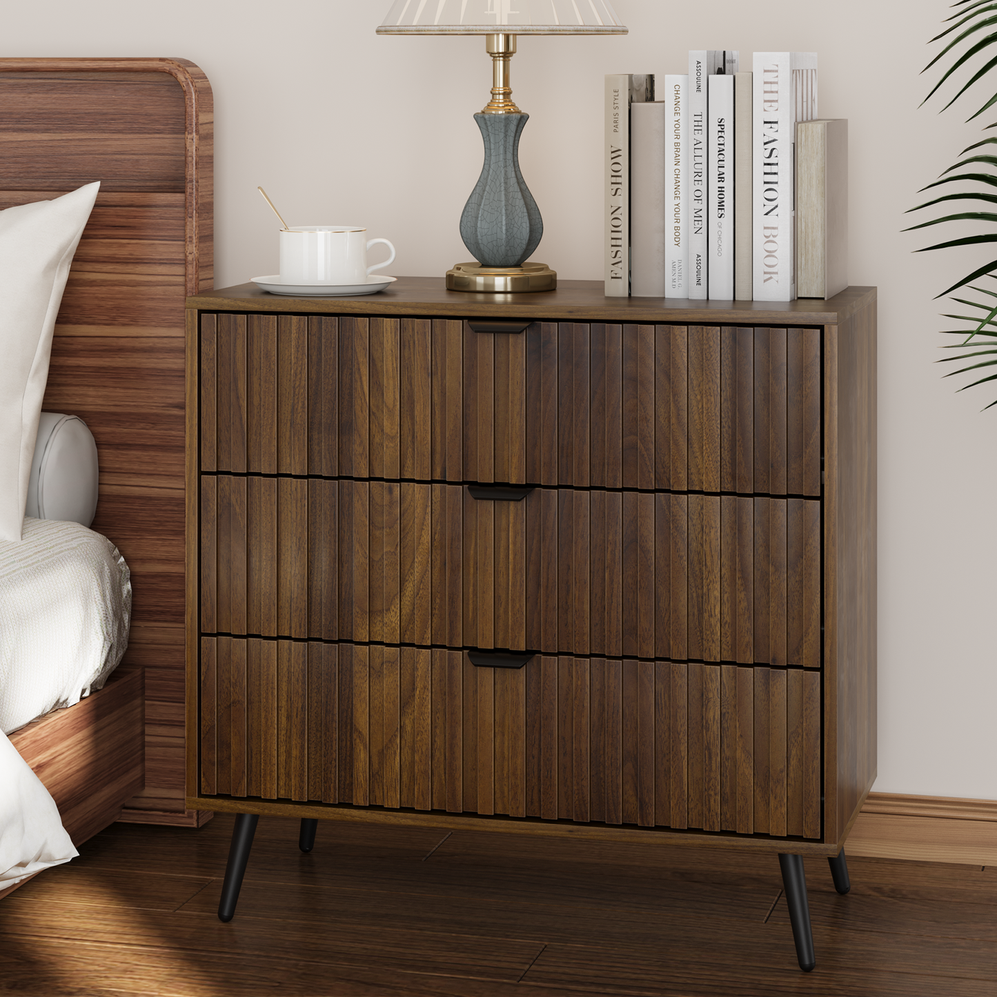 Semiocthome Dresser with 3 Fluted Drawers, Chest of Drawers for Bedroom, Walnut, Adult