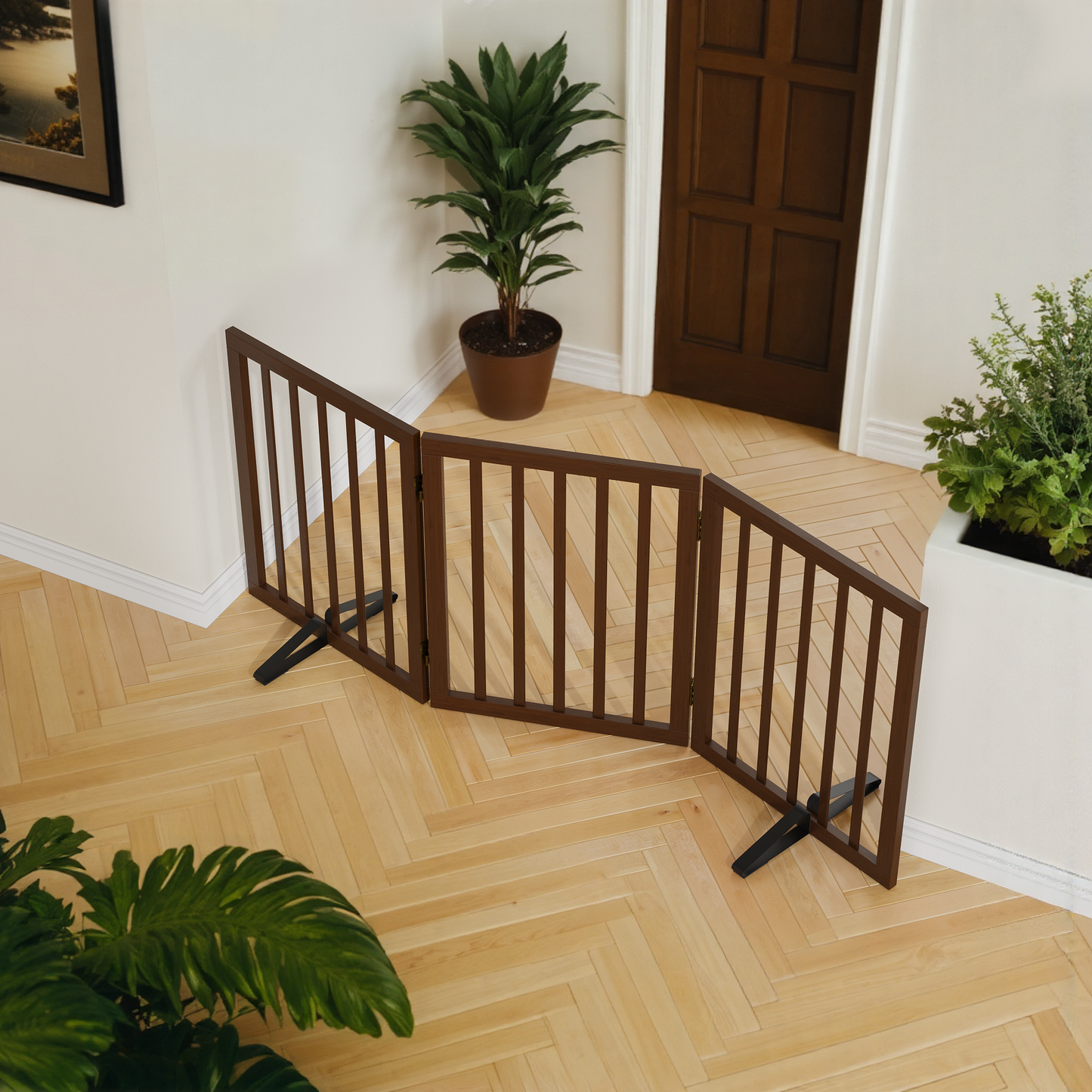 Smart FENDEE Bamboo Dog Gate Freestanding 3 Panel Pet Gate for Doorways, 2 Support Feet, Espresso