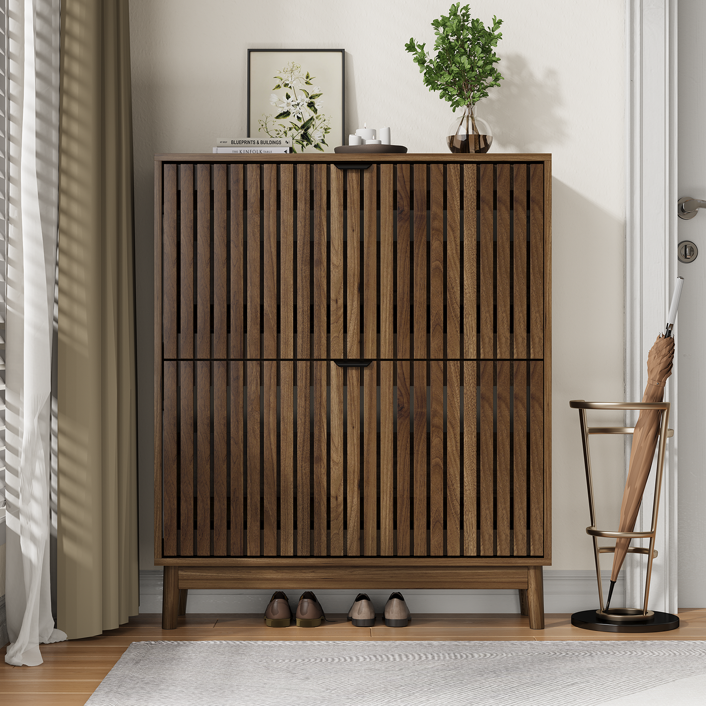 Semiocthome 31.5" Modern Shoe Cabinet, Shoe Storage Cabinet with 2 Flip Drawers for Entryway, Walnut
