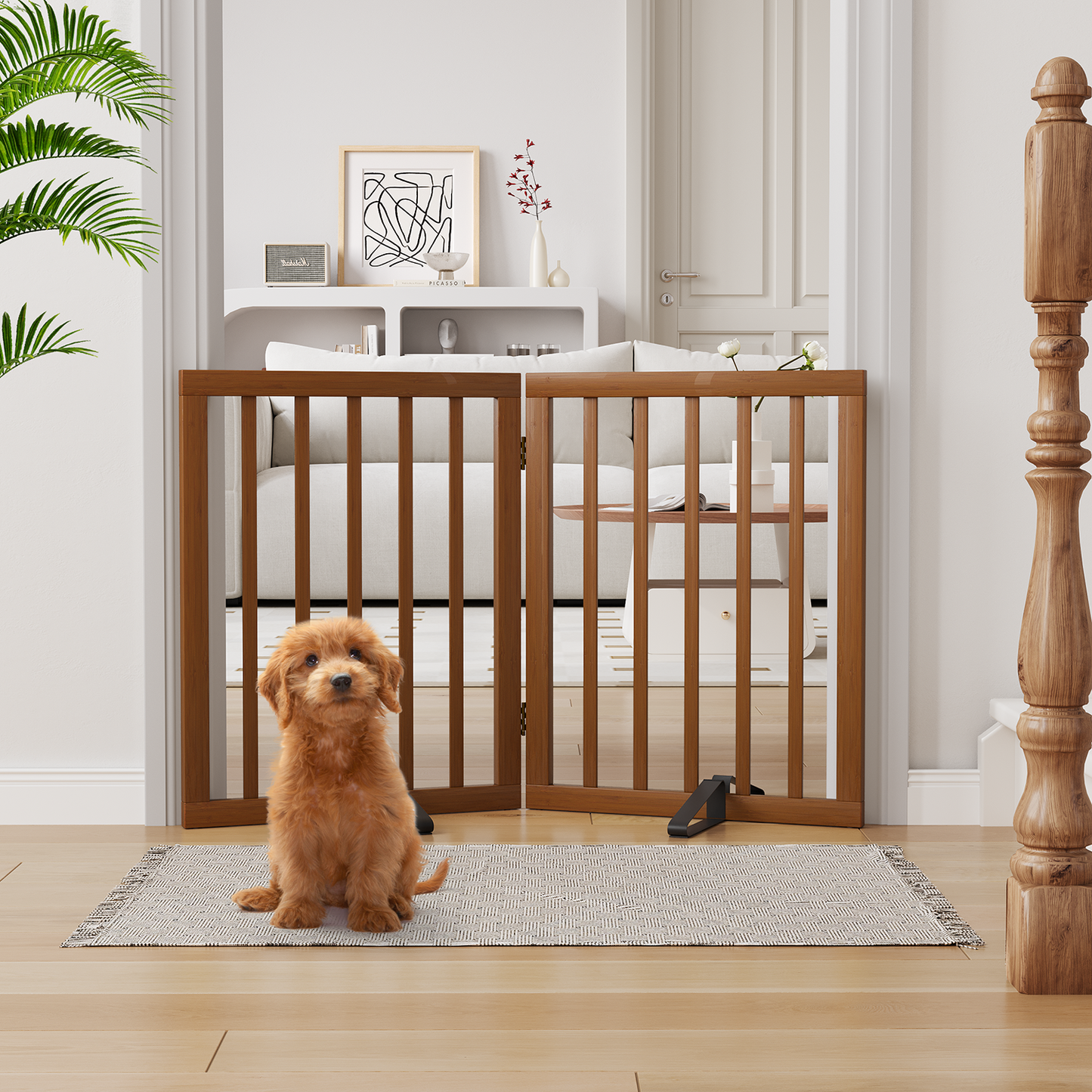 Smart FENDEE Bamboo Dog Gates for Doorways Freestanding Pet Gate, 2 Support Feet, 24"H, Walnut