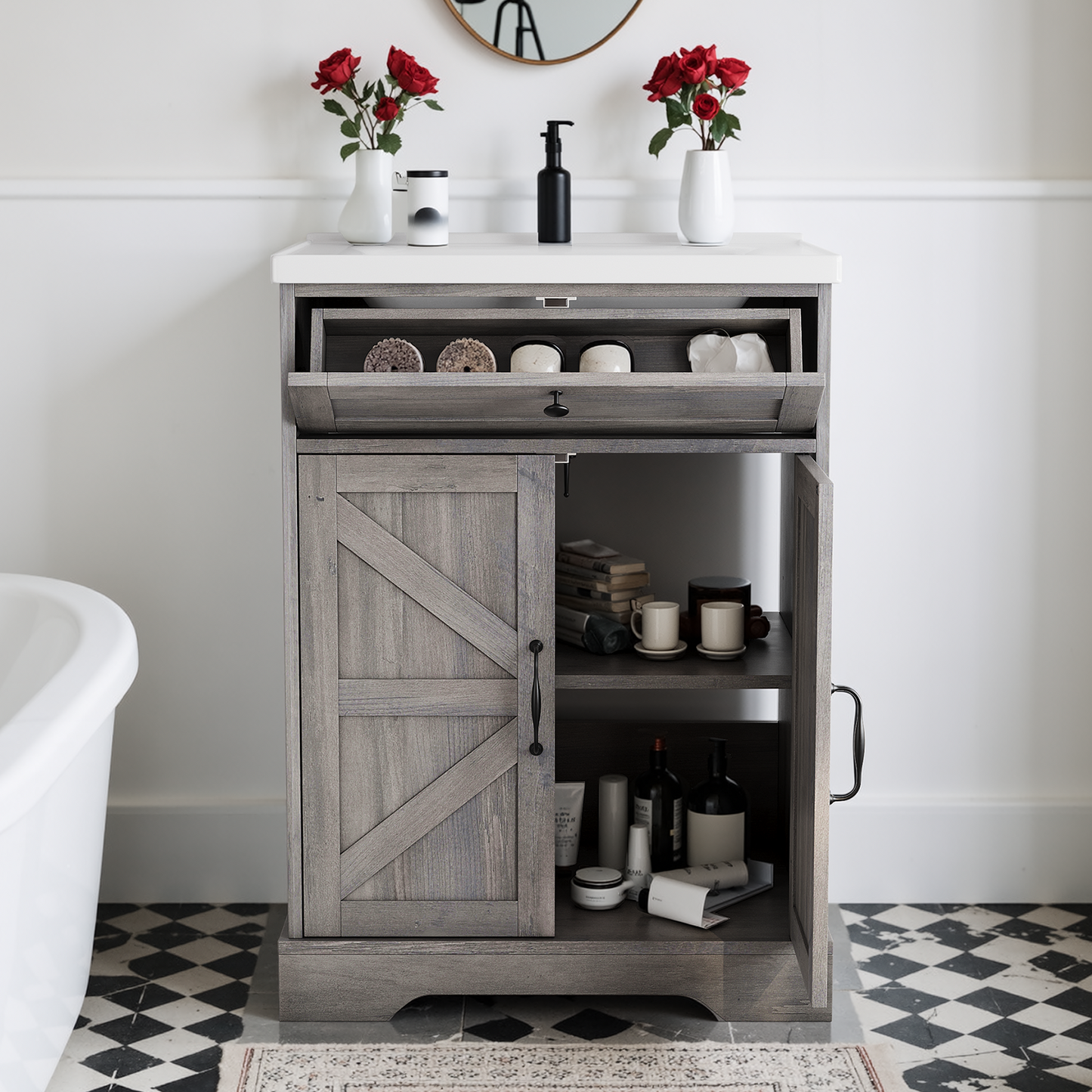 Smuxee 24" Bathroom Vanity with Integrated Sink Top, Bathroom Storage Cabinet with Flip Drawer & Doors