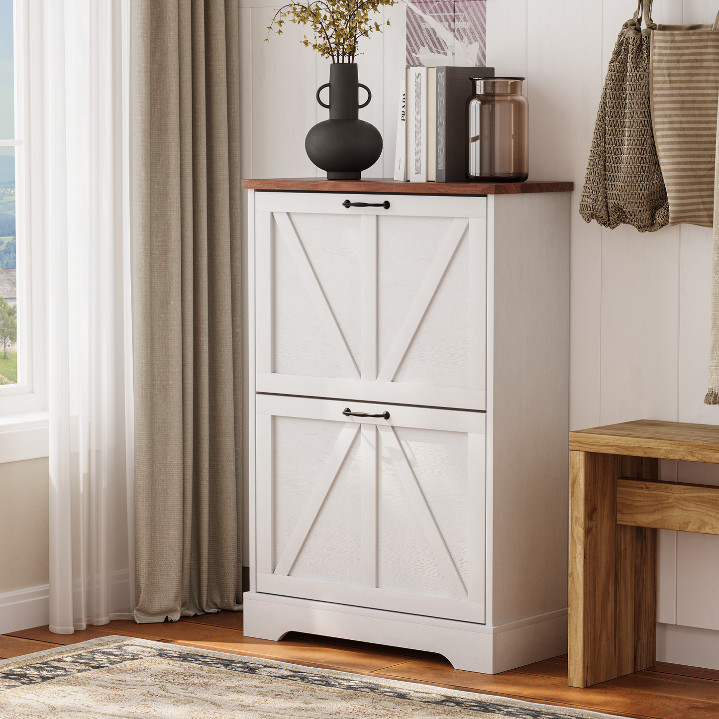 Algherohein Farmhouse Shoe Cabinet Entryway,Shoe Storage Cabinet with 2 Flip Drawers,Gray