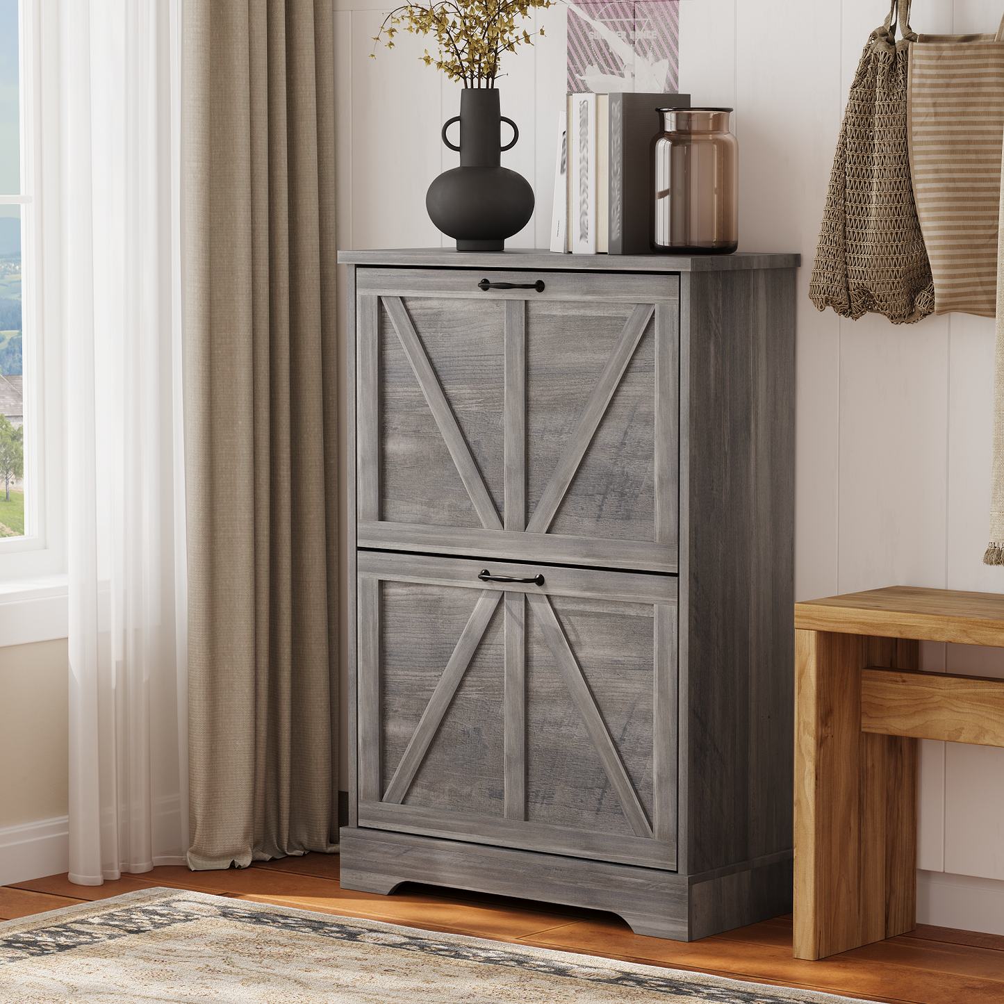Algherohein Farmhouse Shoe Cabinet Entryway,Shoe Storage Cabinet with 2 Flip Drawers,Gray