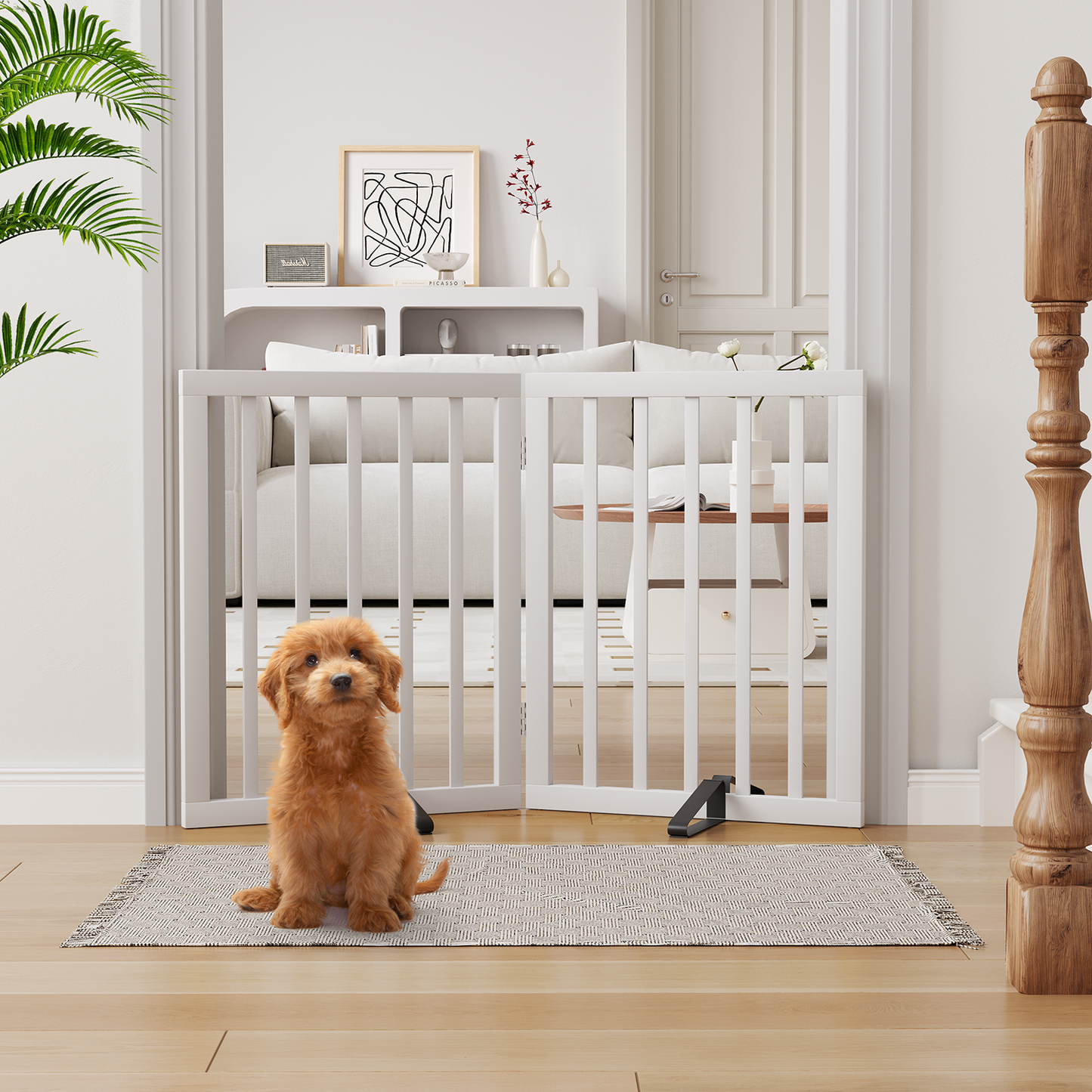 Smart FENDEE Bamboo Dog Gates for Doorways Freestanding Pet Gate, 2 Support Feet, 24"H, White
