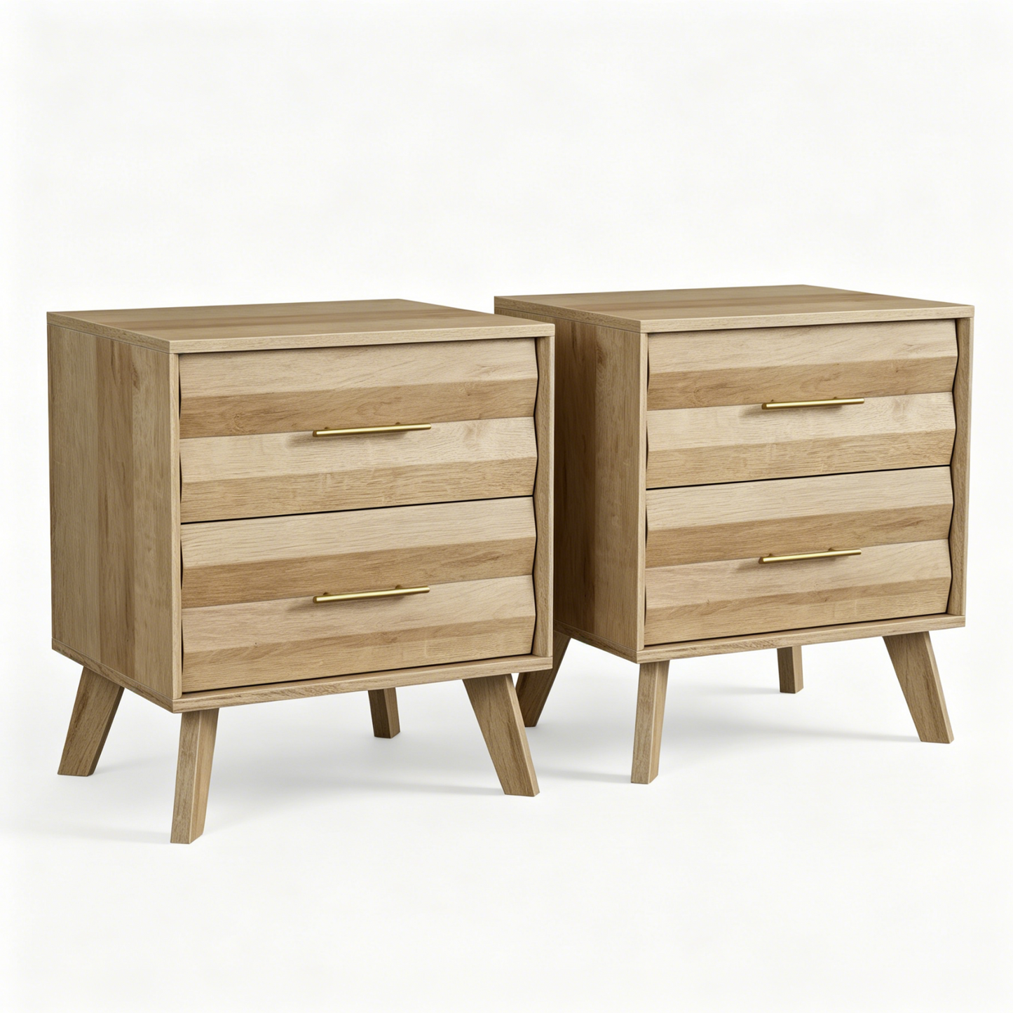 Algherohein Modern Wavy Panel Nightstand, Stable Wood Bedside Table with Gold Hardware for Bedroom Organization