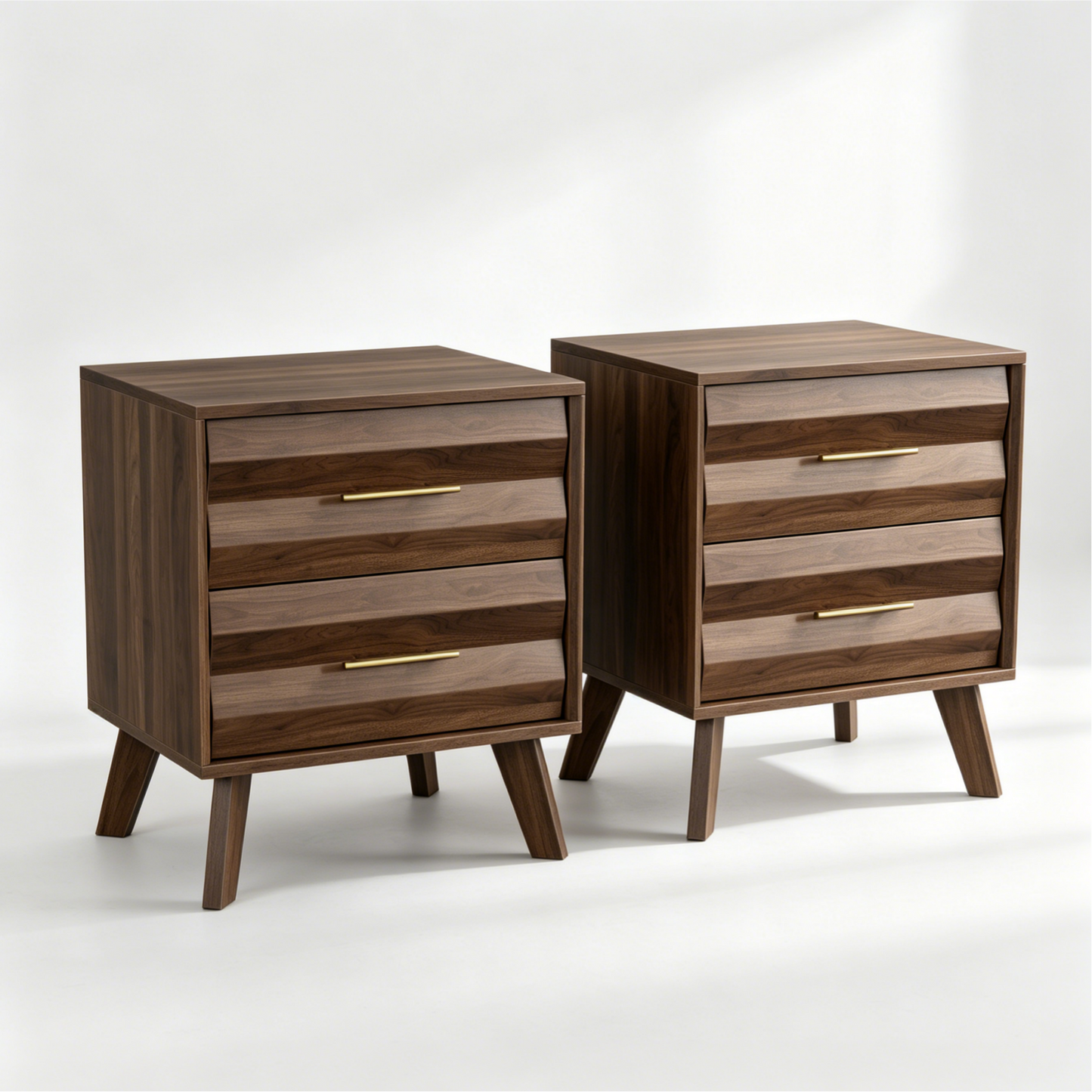 Algherohein Modern Wavy Panel Nightstand, Stable Wood Bedside Table with Gold Hardware for Bedroom Organization