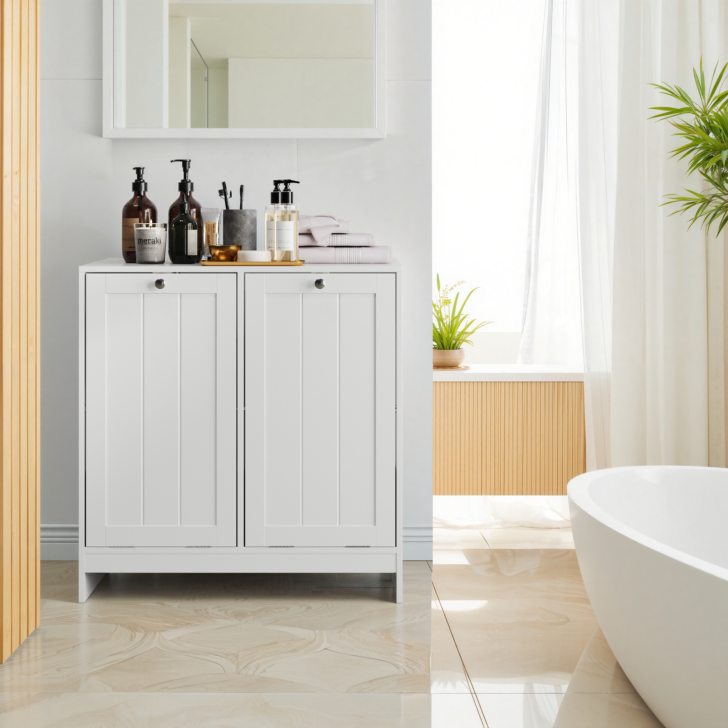 Semiocthome Laundry Hamper Cabinet with 2 Removable Baskets, Freestanding Bathroom Cabinet, White