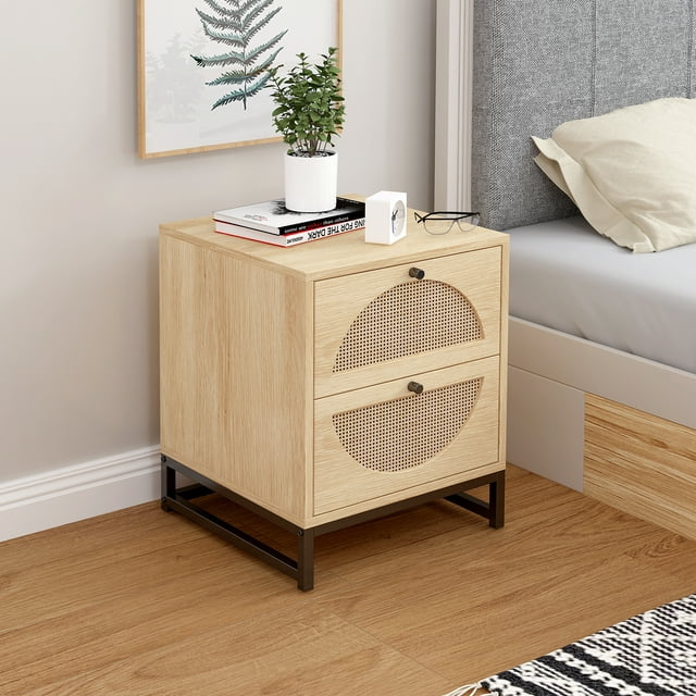 Smart FENDEE Wood Nightstand with 2 Rattan Drawers Bedside Table for Adult, Bedroom
