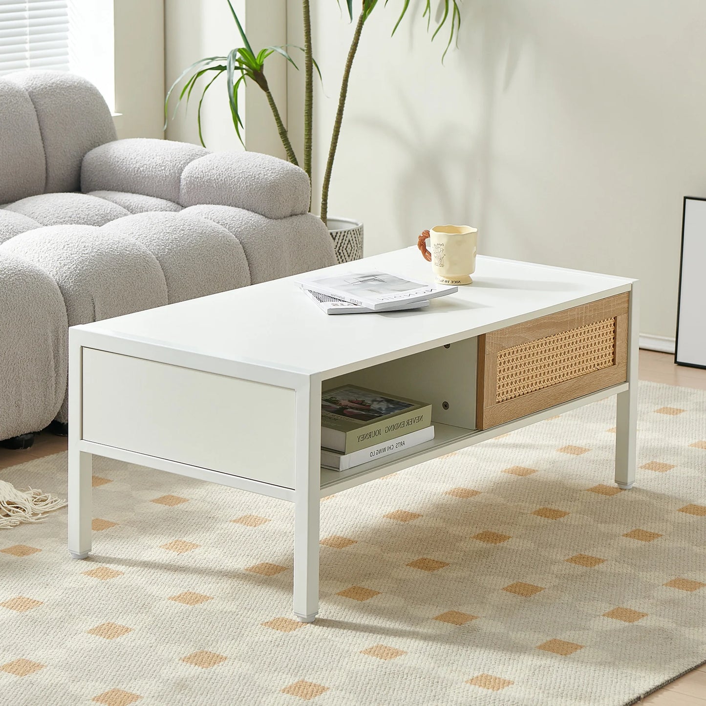Smart FENDEE Rattan Coffee Table with Sliding Door Storage and Metal Leg for Living Room