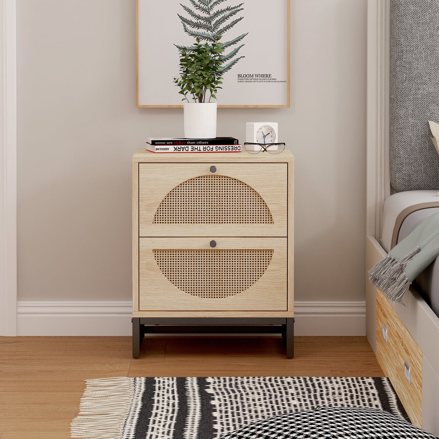 Smart FENDEE Wood Nightstand with 2 Rattan Drawers Bedside Table for Adult, Bedroom