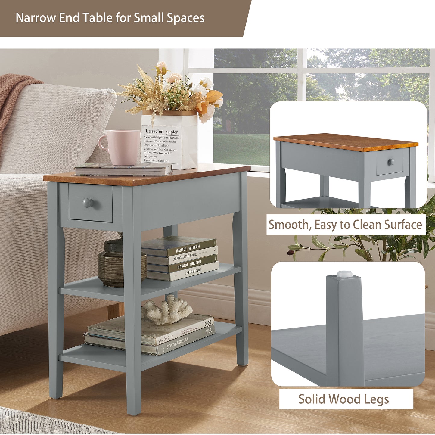 Smart FENDEE End Table with Charging Station and 1 Drawer, 2 Shelf, Solid Wood Legs, Bedroom,11.8"*24"*24.2"