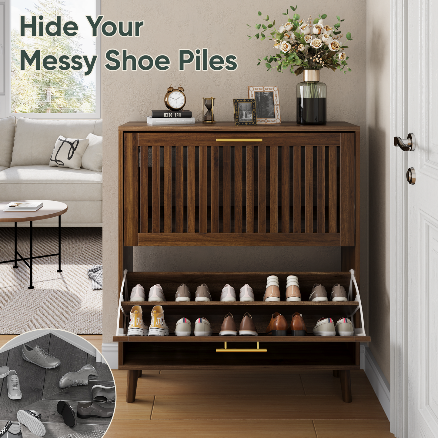 Smart FENDEE Shoe Storage Cabinet, Freestanding, 2 Flip Drawers, Shoe Organizer, 80cm/32"