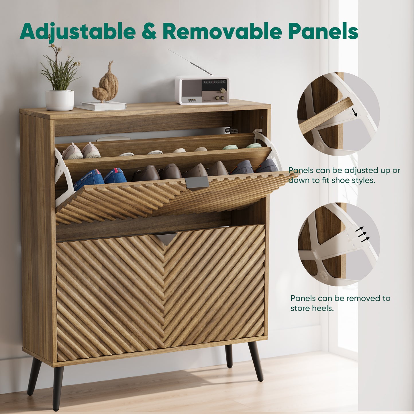 Semiocthome 31.5" Shoe Cabinet with 2 Fluted Diamond Doors Entryway Shoe Storage, Walnut