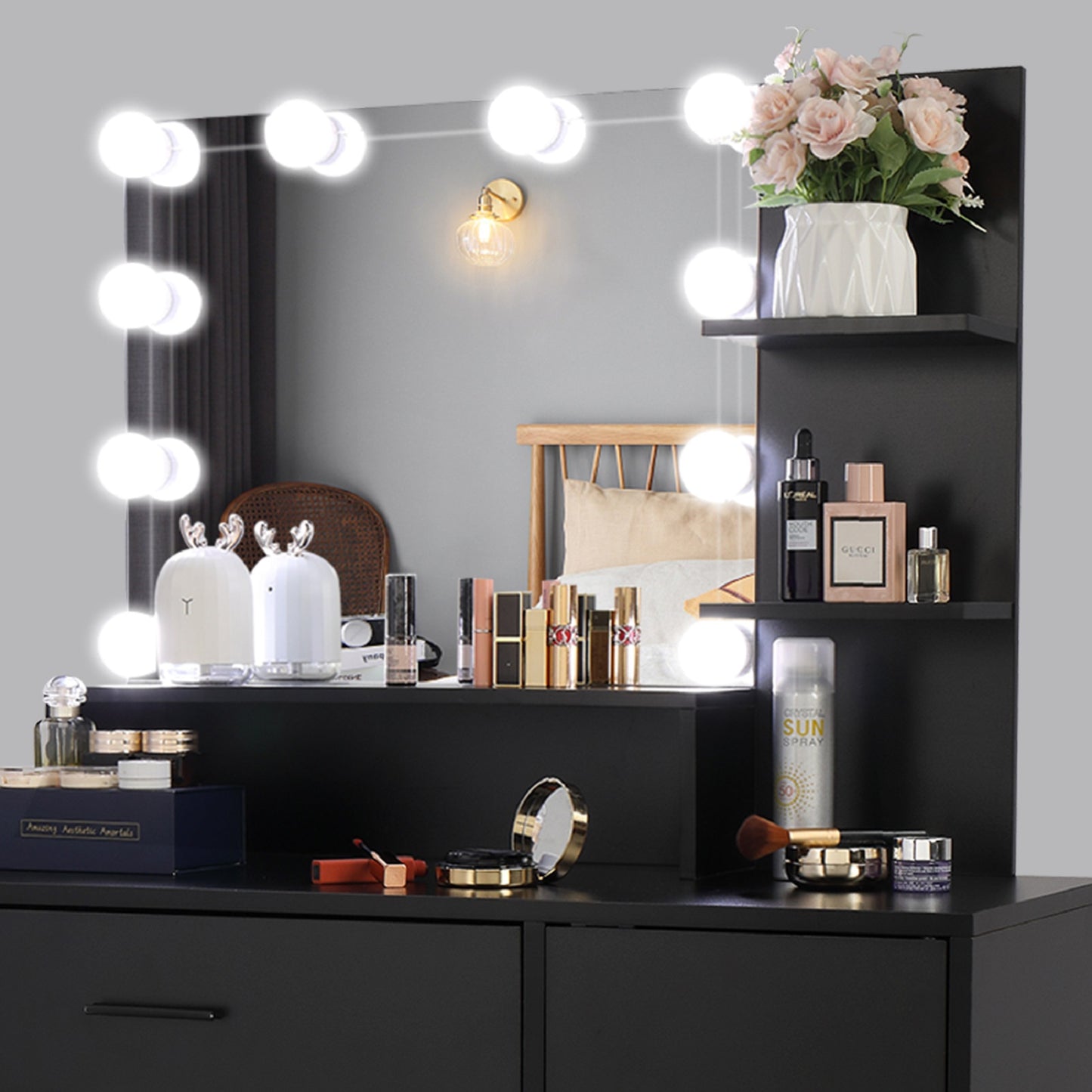 Smuxee Modern Drawer Vanity Set with Mirror and LED Lights,Makeup Dresser Table with 3 Shelves