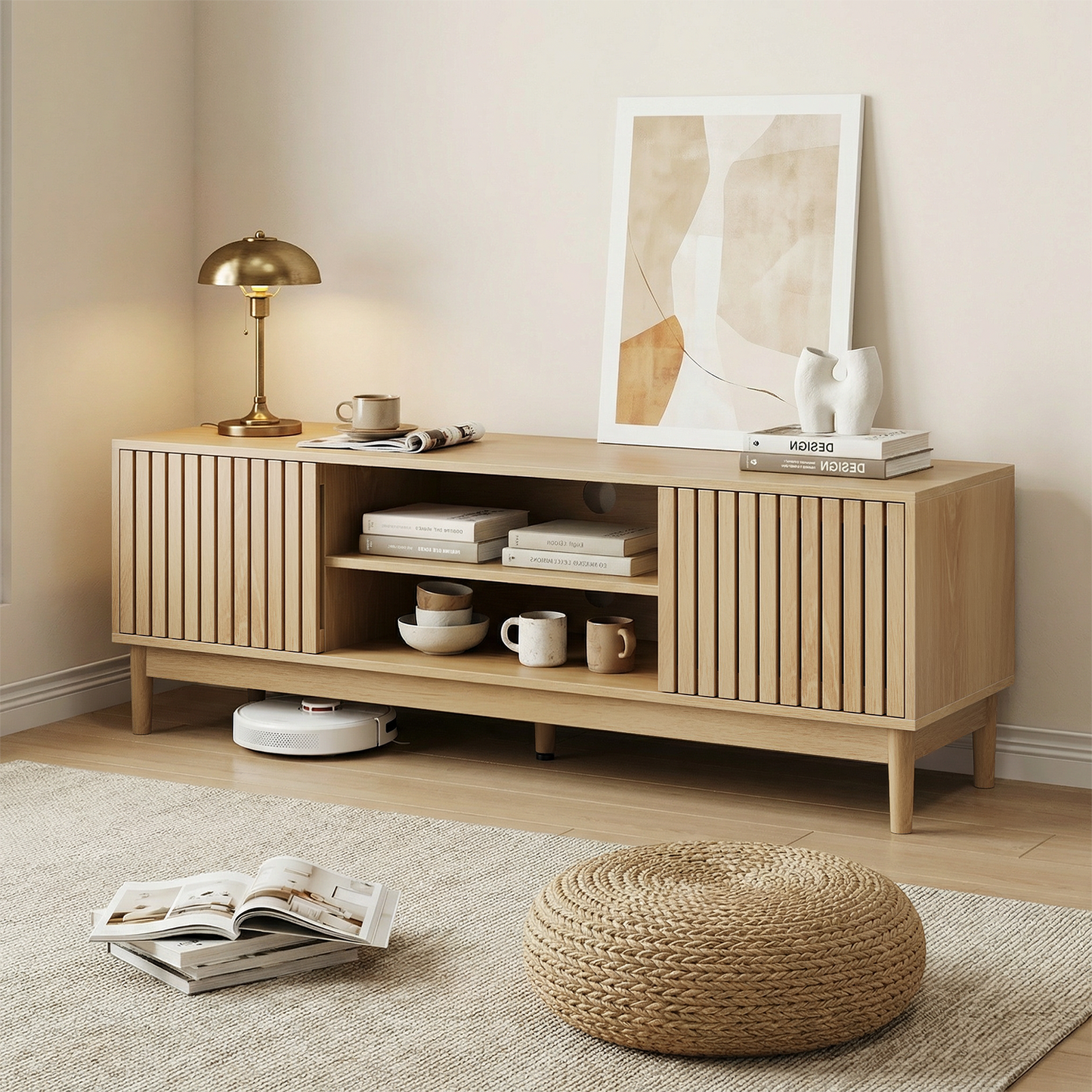 Semiocthome 55" TV Stand with Slatted Doors and Cable Holes, Entertainment Center for Living Room, Natural