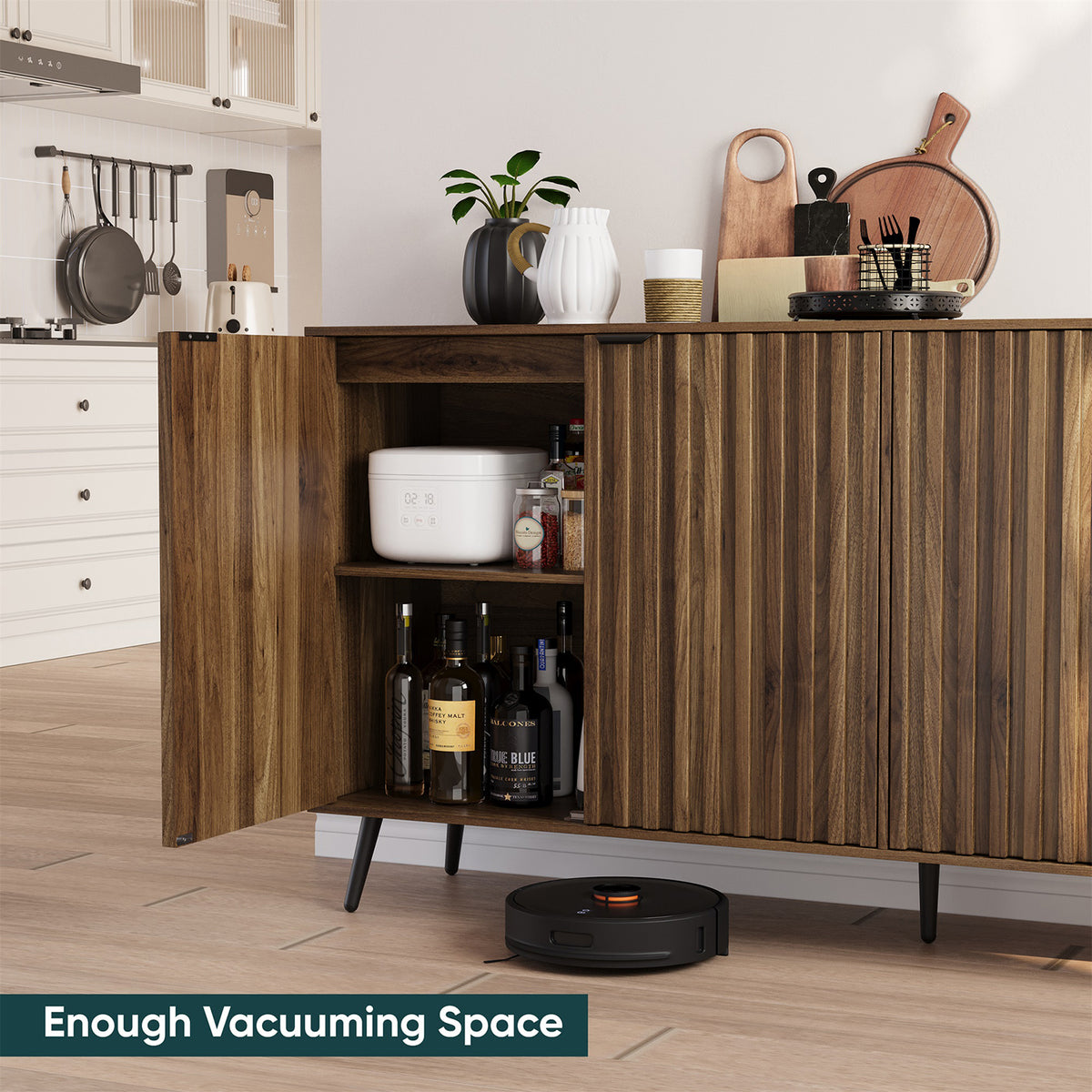 Semiocthome Sideboard Storage Cabinet with 4 Fluted Doors and 2 Shelves, Kitchen, Dining Room, Walnut