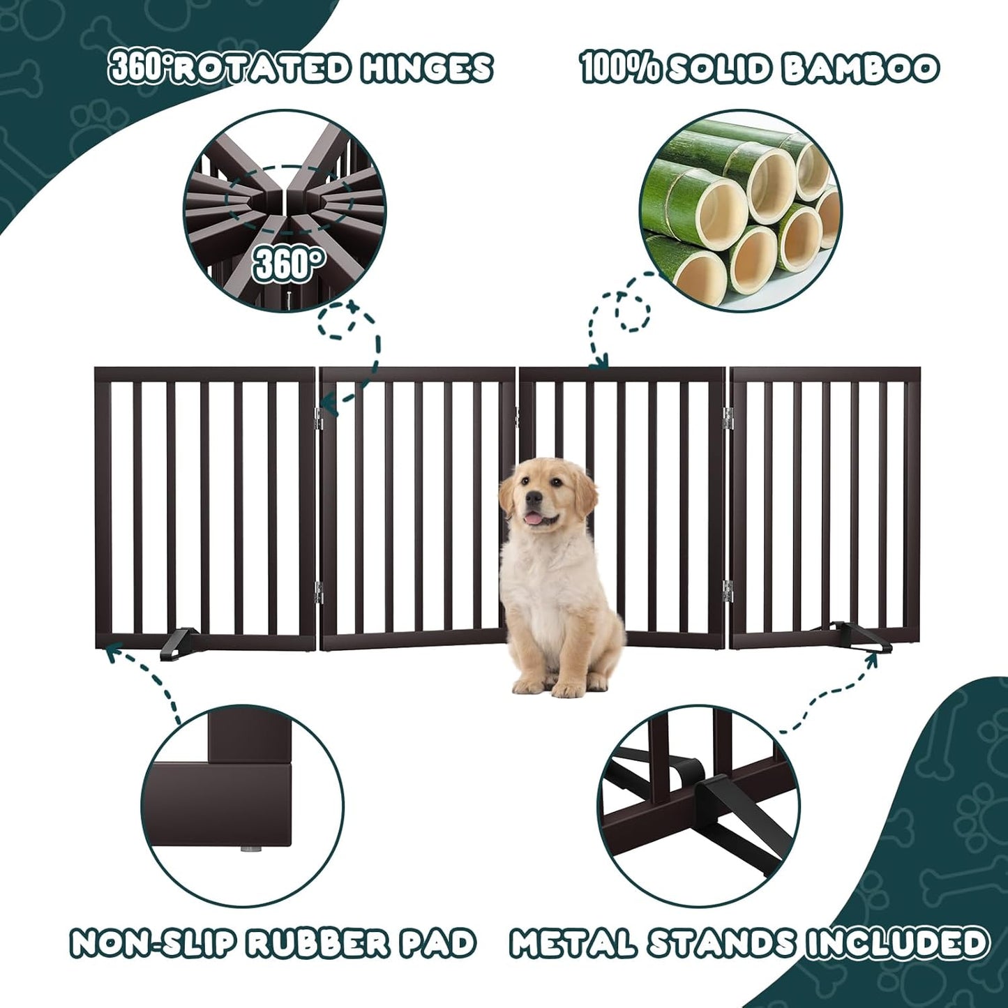 Smart FENDEE Foldable Dog Gate Extra Wide Dog Fence Bamboo Pet Gate for Doorway,24"H,Brown