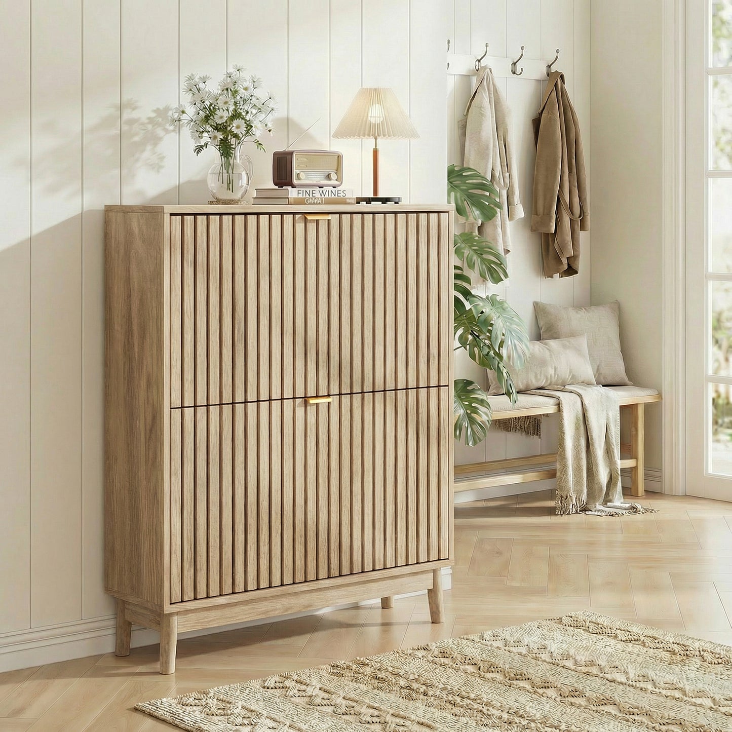 Semiocthome 31.5" Modern Shoe Cabinet, Shoe Storage Cabinet with 2 Flip Drawers for Entryway, Natural