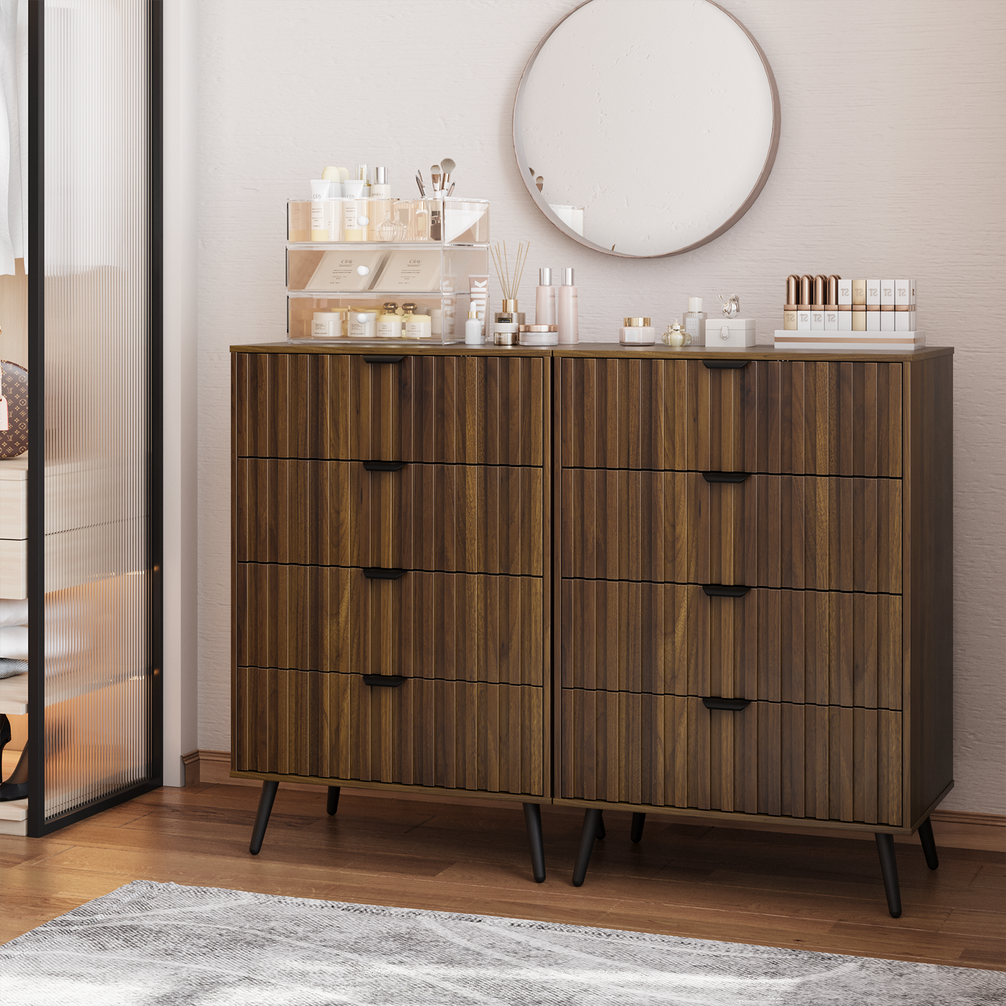 Semiocthome Dresser with 4 Fluted Drawers, Chest of Drawers Storage Cabinet, Walnut, Adult