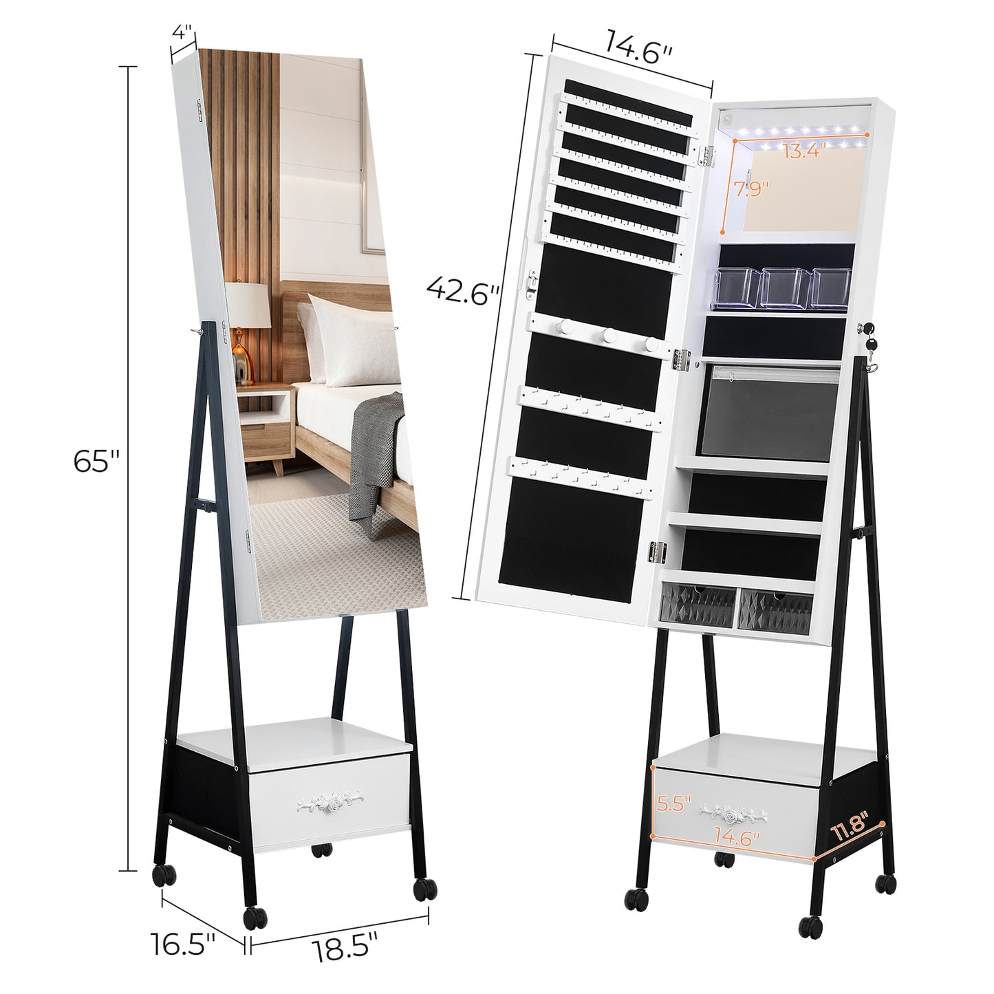 Smart FENDEE Wood Freestanding Jewelry Armoire Cabinet with Lights and Movable Wheel for Adult