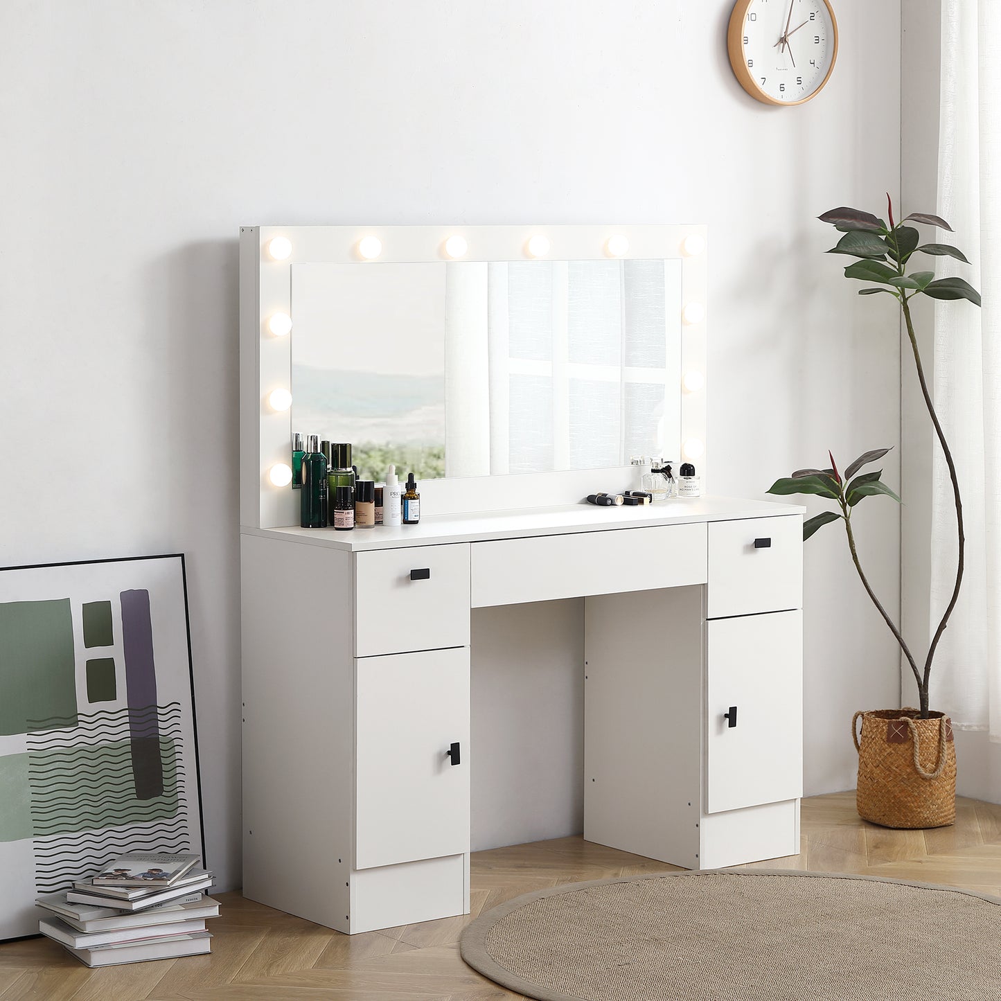 Semiocthome Modern Makeup Vanity Table with 3 Color LED Mirror,3 Drawers,2 Storage Cabinet,White