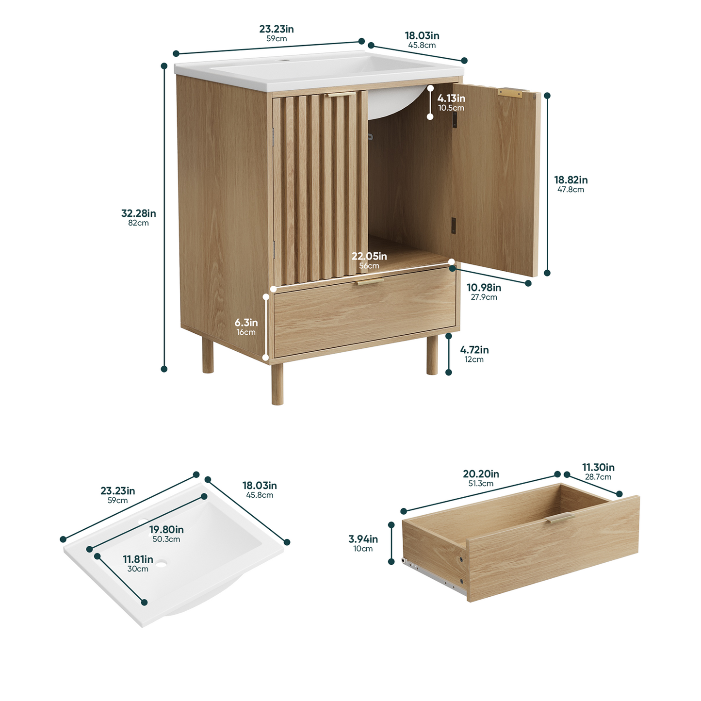 Semiocthome 24" Bathroom Vanity with Ceramic Sink, Storage Cabinet with Drawers and 2 Fluted Doors, Natural