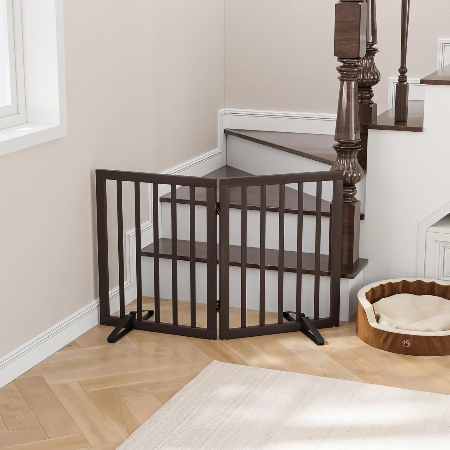 Smart FENDEE Bamboo Dog Gates for Doorways Freestanding Pet Gate, 2 Support Feet, 24"H, Brown