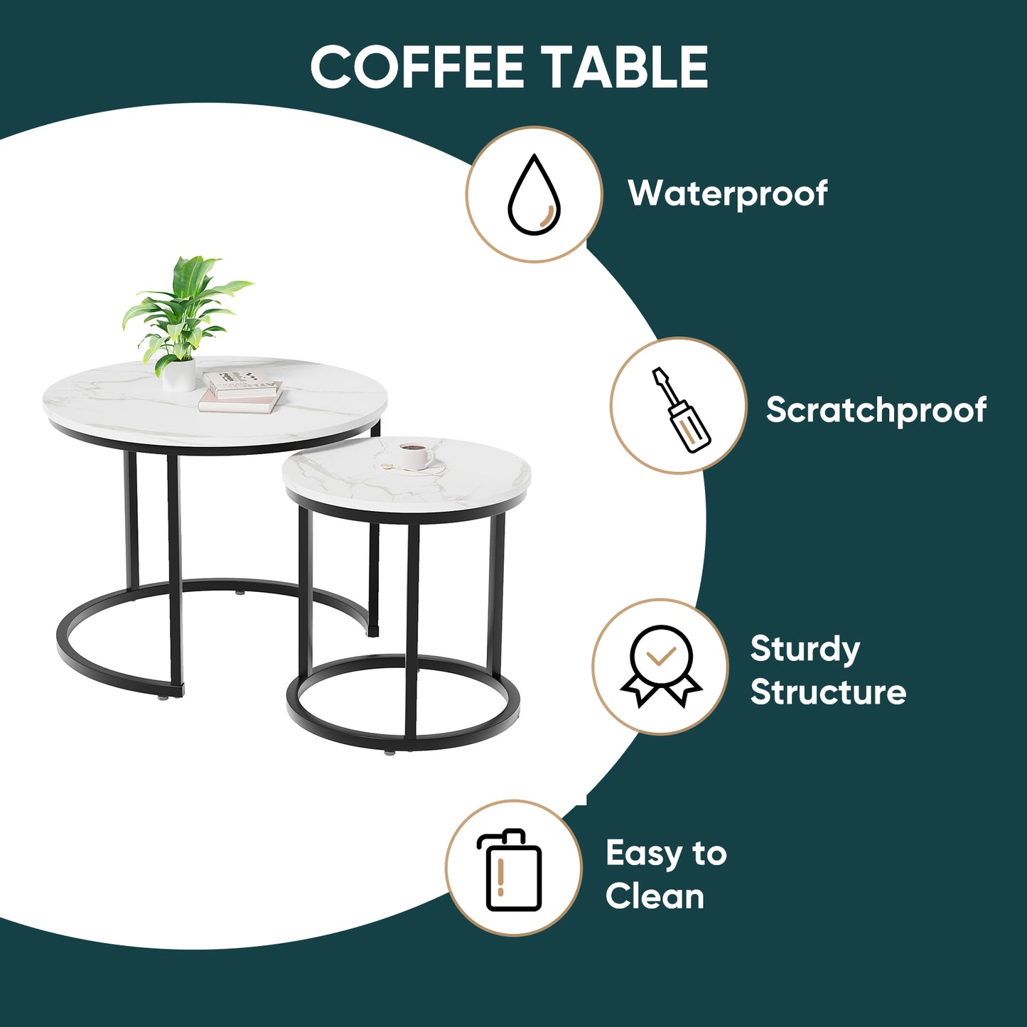 Algherohein Round Nesting Coffee Table Modern Marble Top Set of 2 for Living Room White