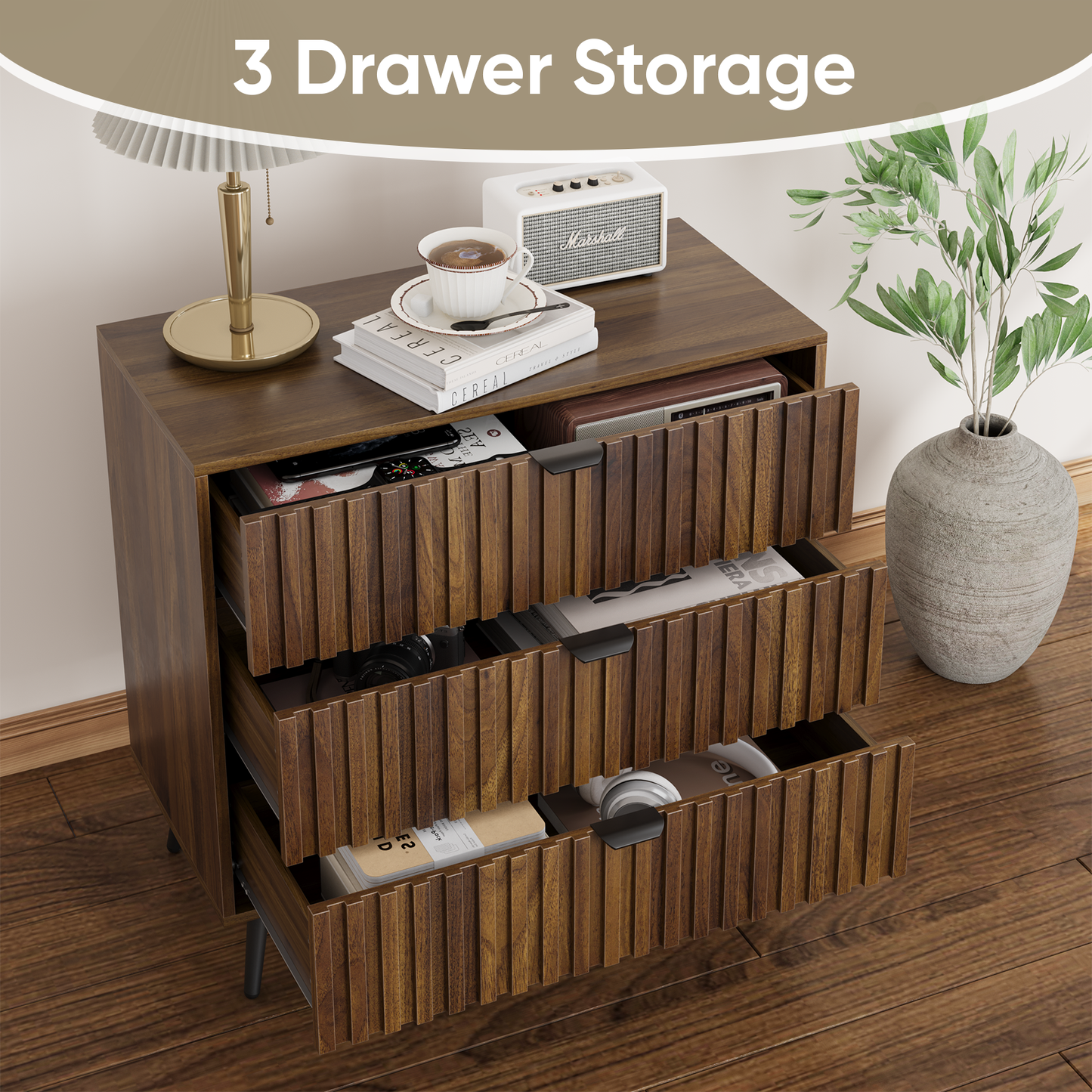 Semiocthome Dresser with 3 Fluted Drawers, Chest of Drawers for Bedroom, Walnut, Adult