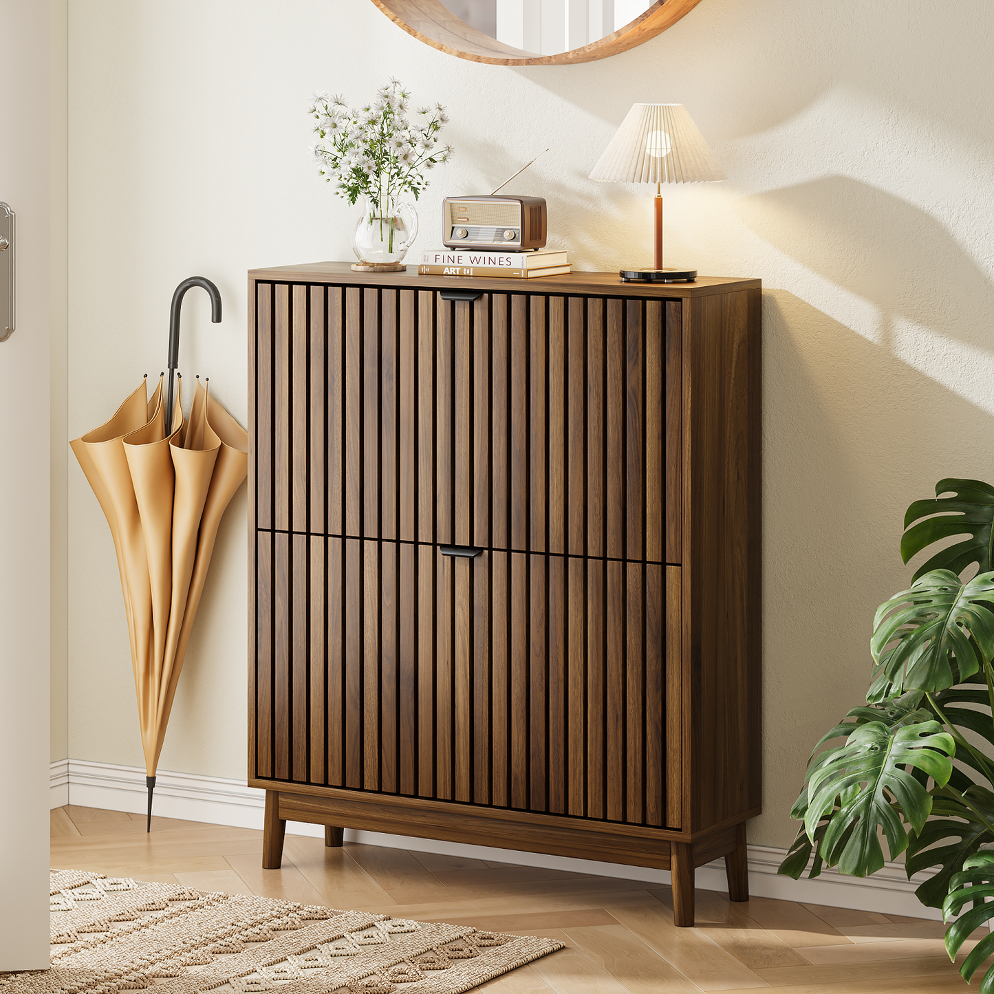 Algherohein 16-20 Pairs Shoe Storage Cabinet with Flip-Down Drawers,Freestanding Entryway Slim Shoe Cabinet, Walnut
