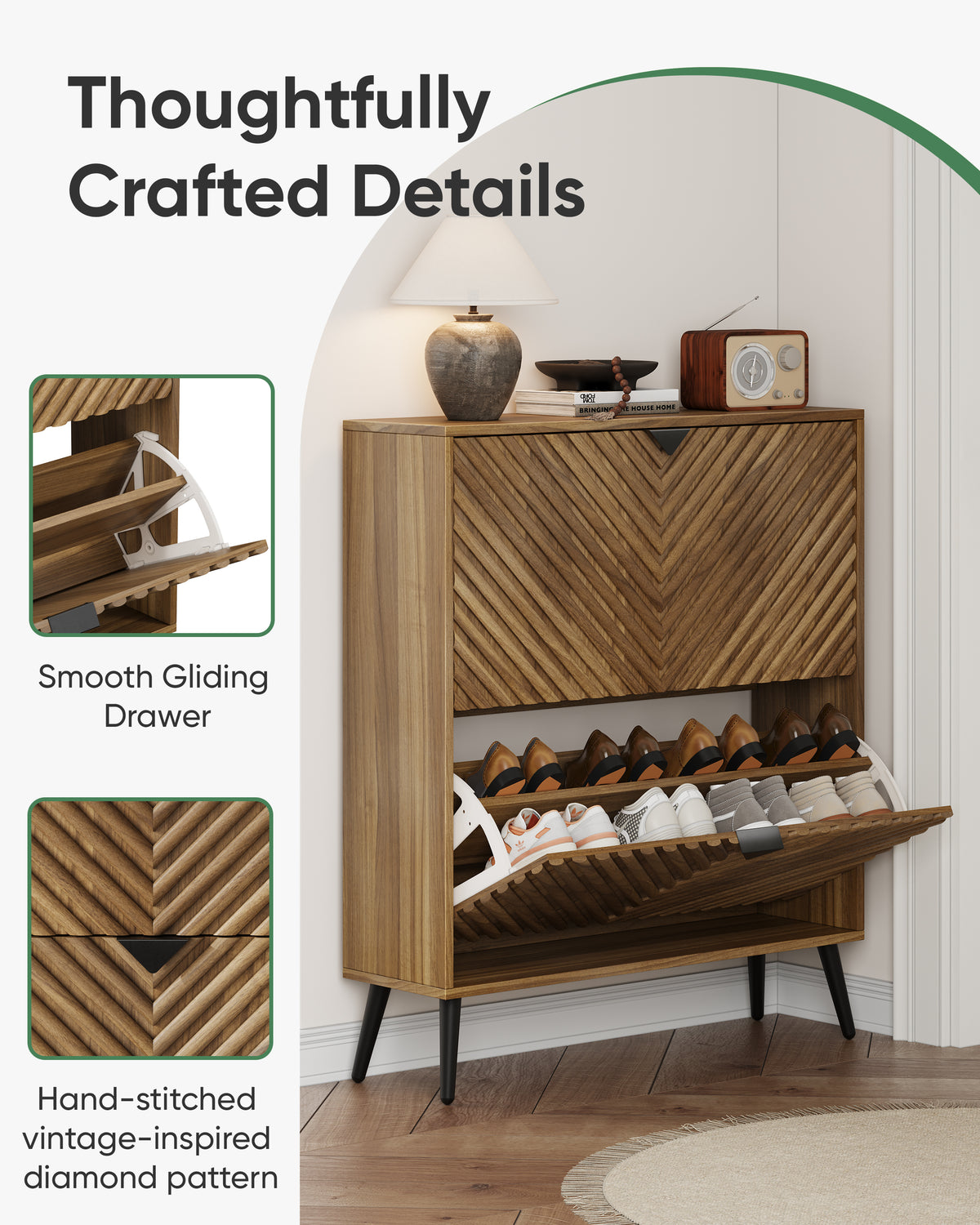 Smuxee Diamond Pattern Shoe Storage Cabinet for Entryway with 2 Flip Drawers，Freestanding Wood Hidden Shoe Organizer with Adjustable Shelves,Walnut 31.5"W