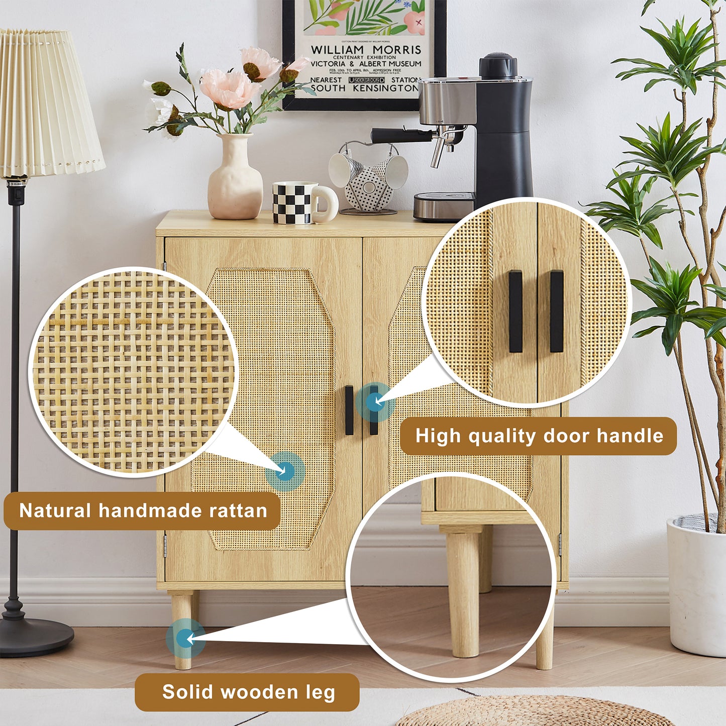 Smart FENDEE Kitchen Storage Cabinets with Rattan Decorated Doors, Buffets, Natural
