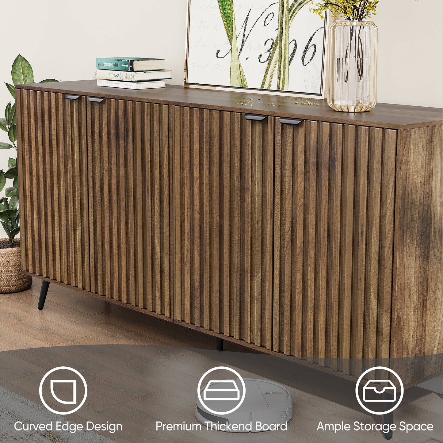 Smart FENDEE Sideboard Buffet Cabinet with Adjustable Shelf and 4 Doors,Living Room,Kitchen,Walnut